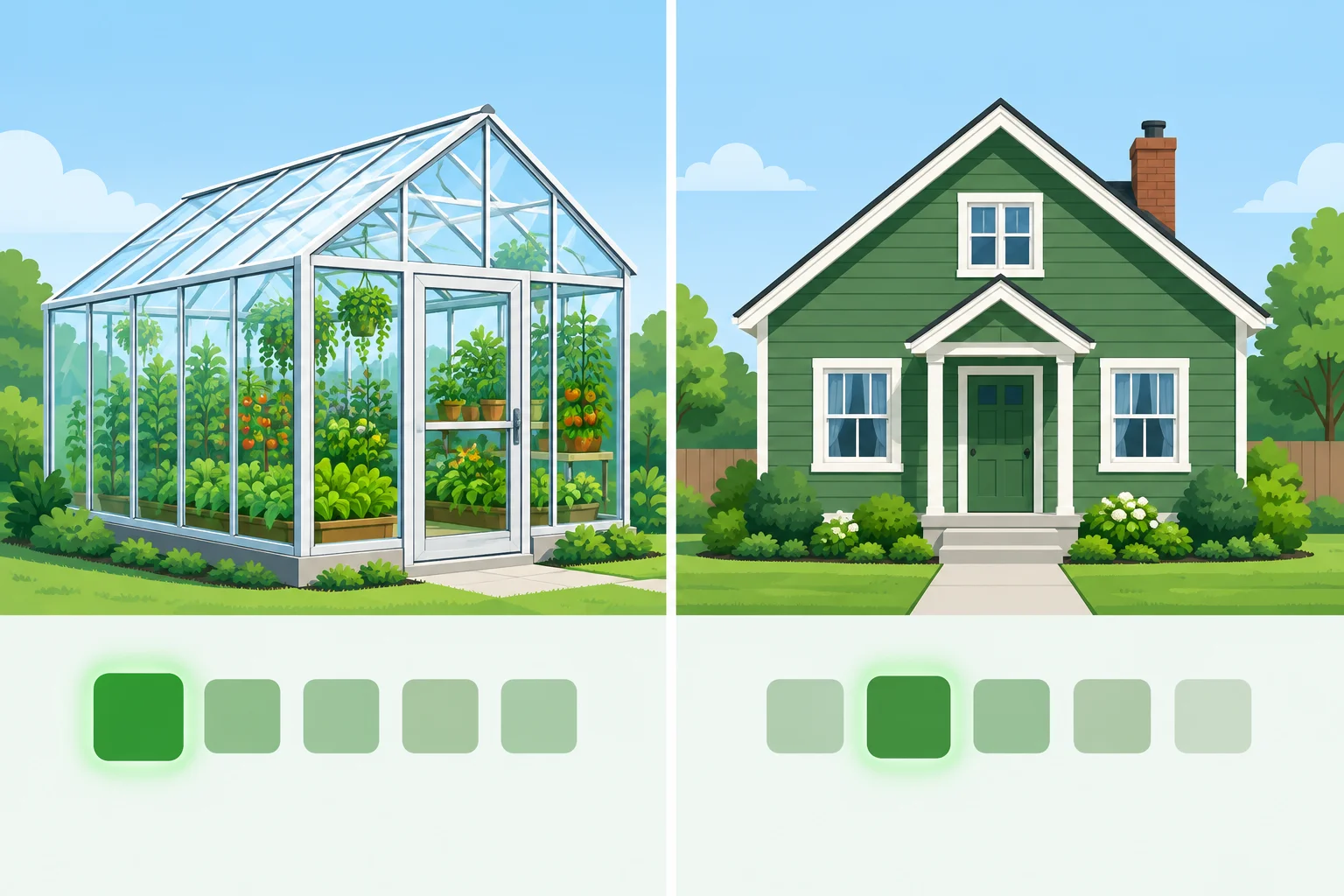 Comparação visual entre uma estufa como categoria única e uma casa que é verde.