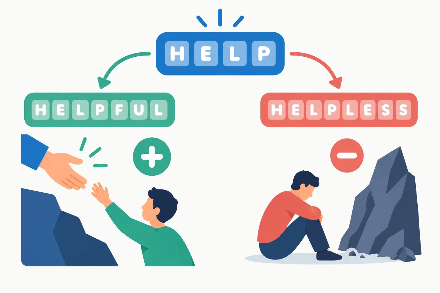 Diagrama compara duas ramificações da família de help: uma ligada a ajuda e outra à ausência de ajuda.