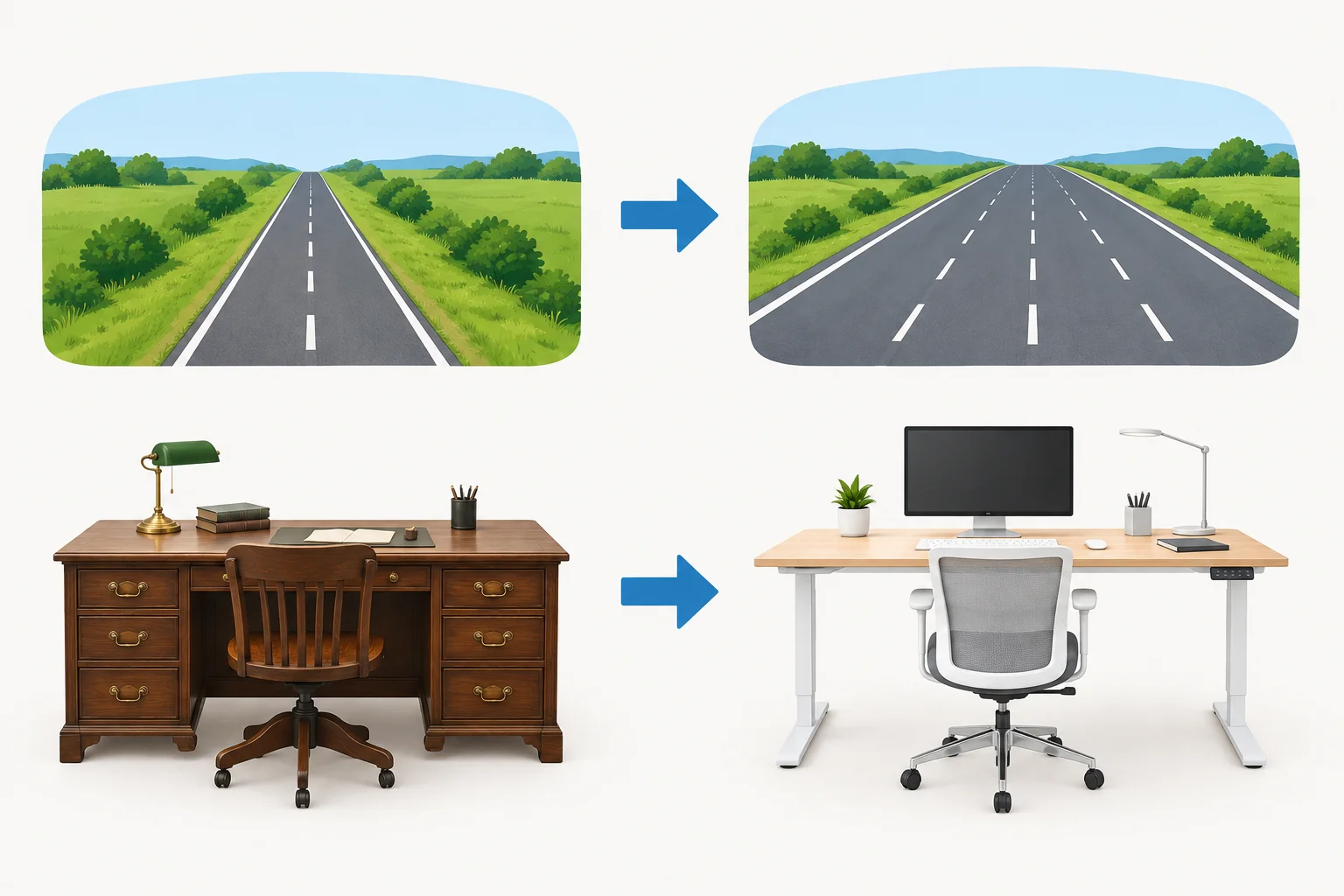 Dois diagramas: uma estrada estreita ficando mais larga e um escritório antigo se transformando em um espaço moderno.