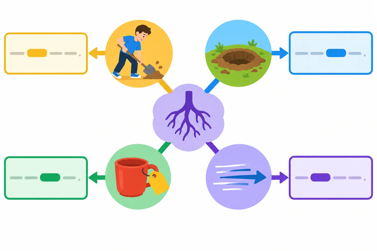 Diagrama visual de uma família lexical ligada a quatro funções: ação, coisa ou resultado, característica e modo de agir.