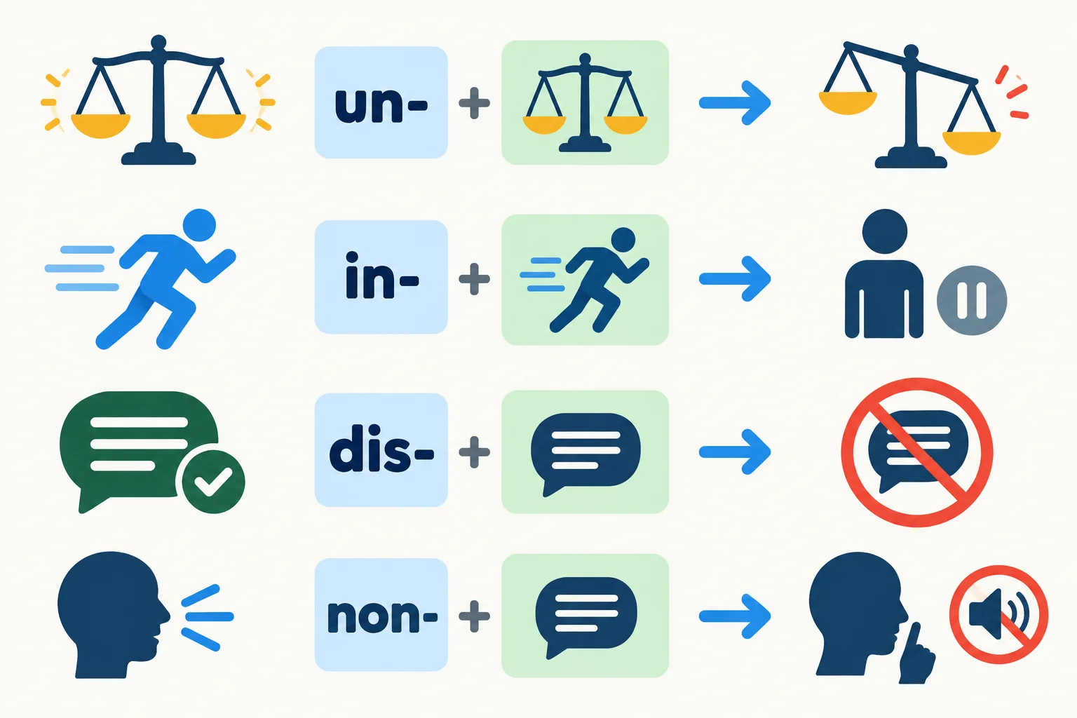 Diagrama com quatro palavras divididas em prefixo e base, associado a contrastes visuais de justiça, atividade, honestidade e comunicação.