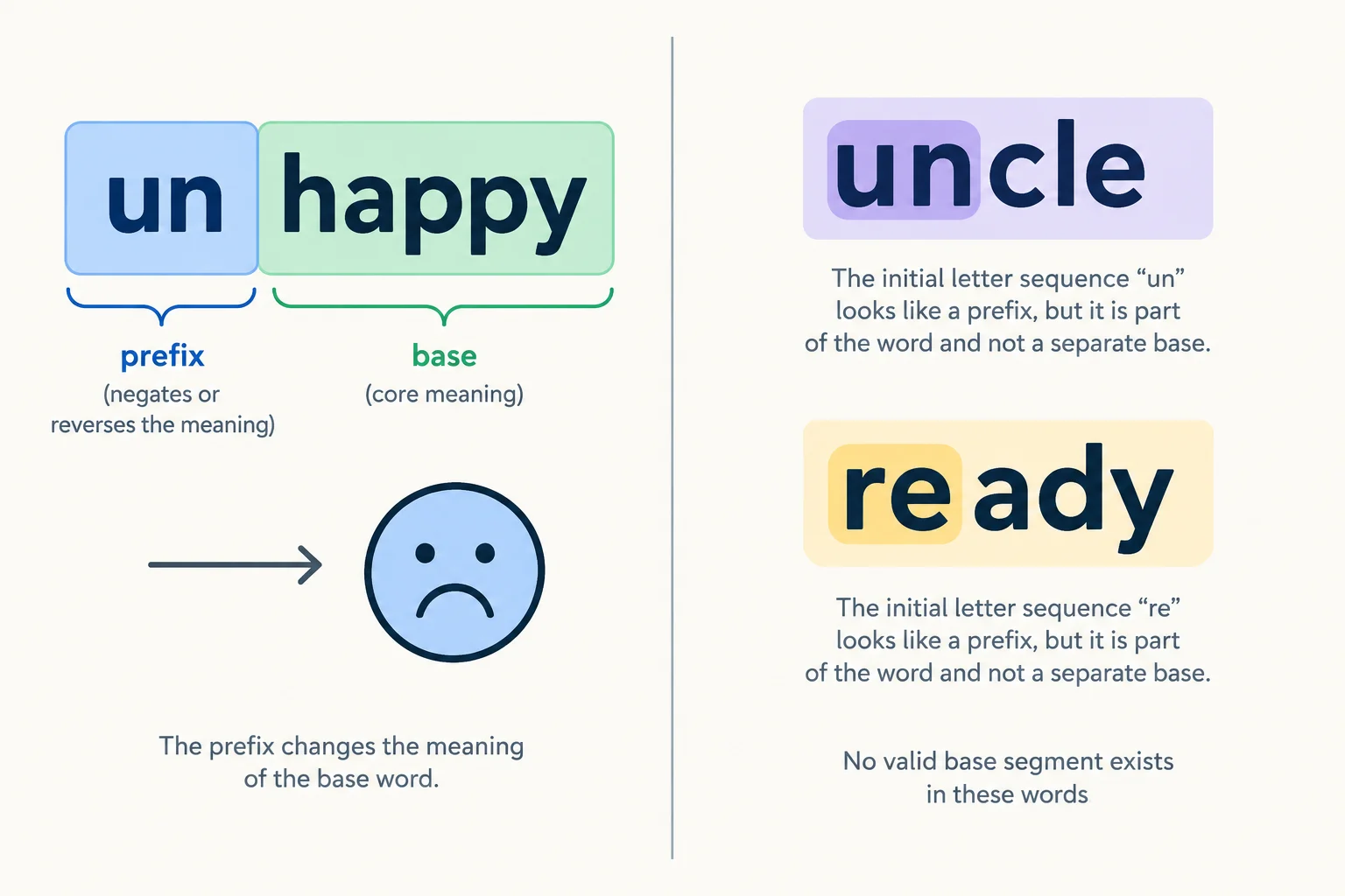 Diagrama comparando unhappy, que pode ser dividido em un- e happy, com uncle e ready, que não têm uma divisão útil por prefixo.