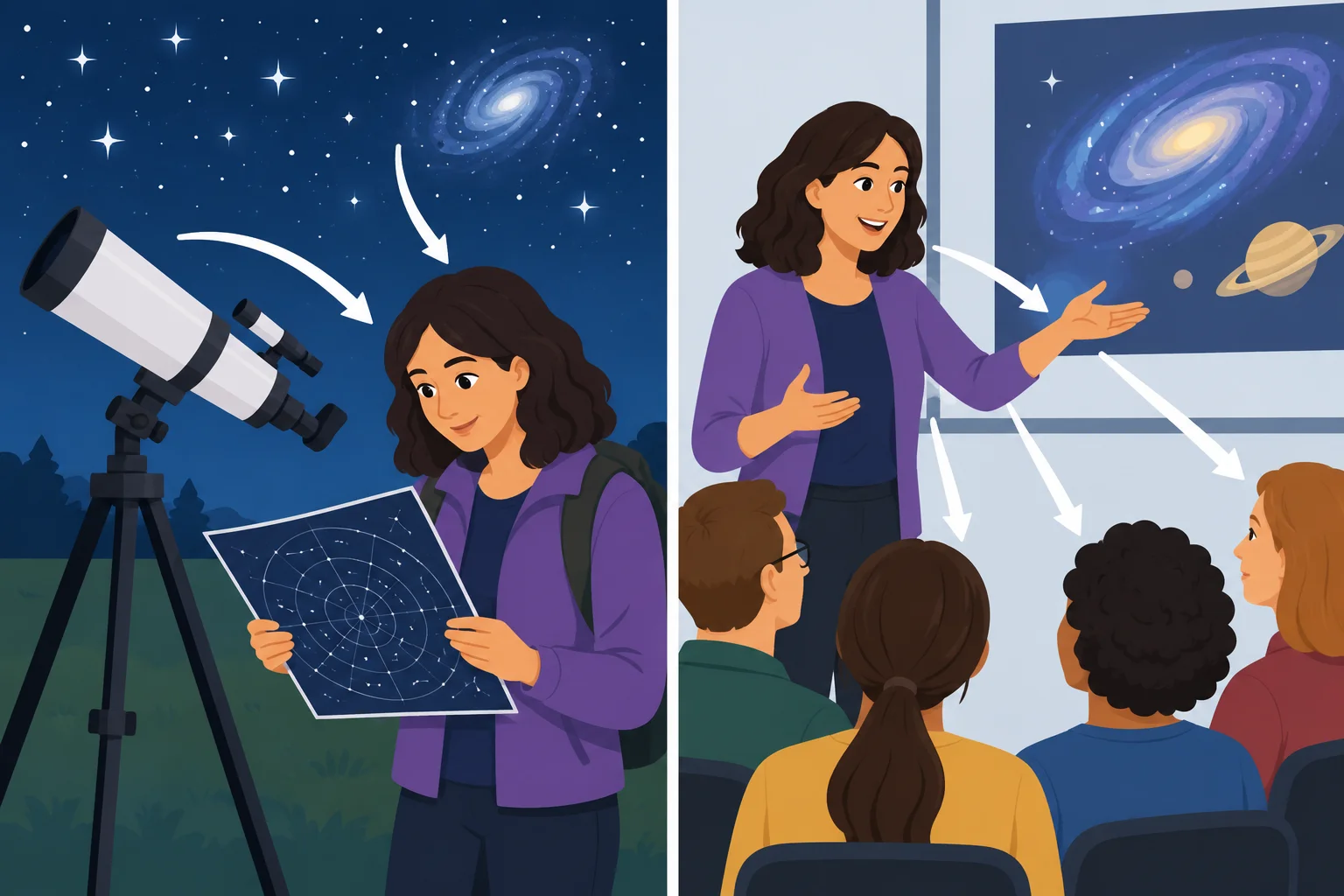 Comparação visual: uma mulher interessada em astronomia e a mesma mulher despertando interesse em ouvintes.