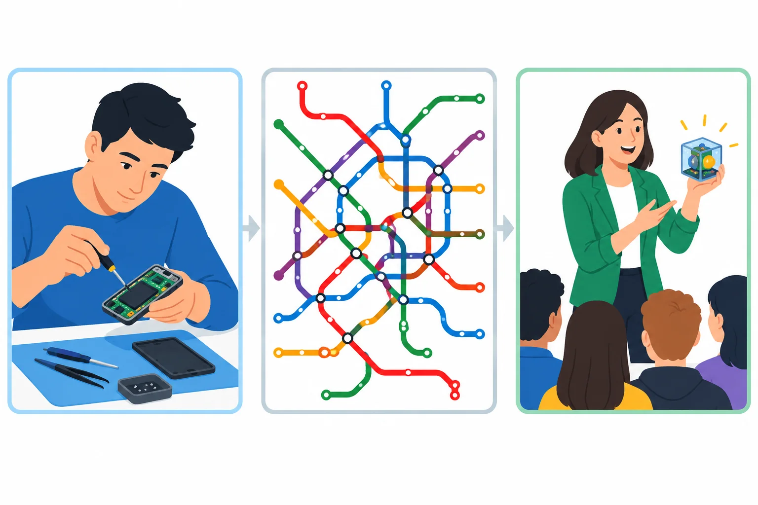 Esquema com uma pessoa habilidosa, um mapa complexo e uma apresentação que prende a atenção do público.