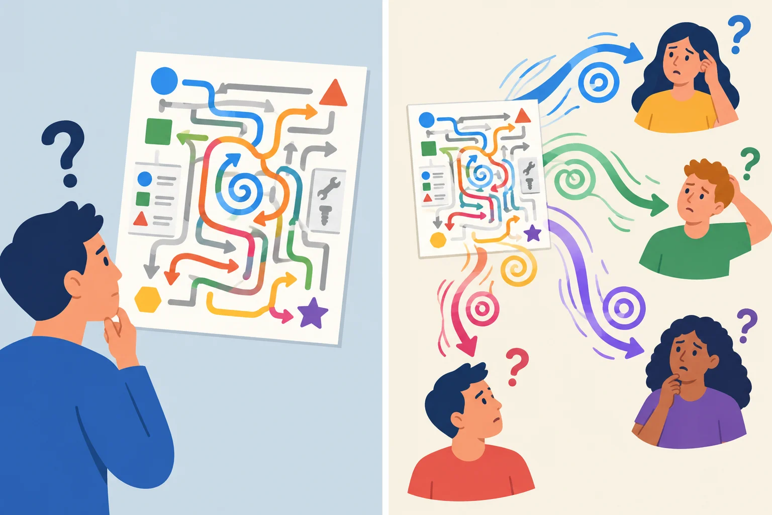 Comparação visual entre instruções que são confusas e instruções que estão confundindo usuários.