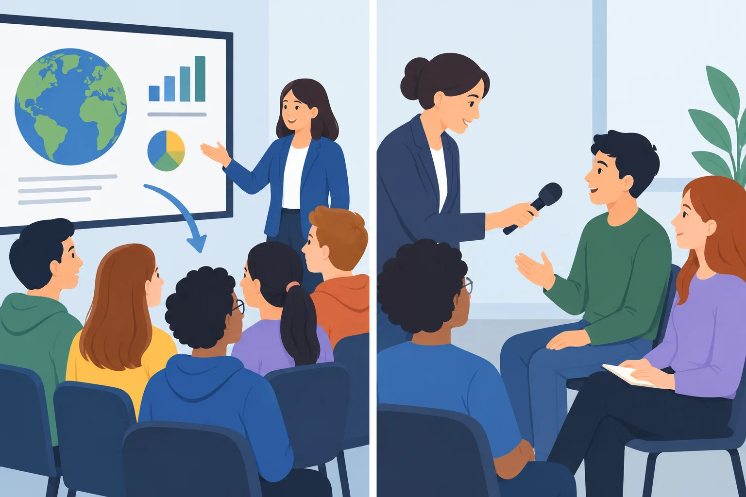 Comparação visual entre estudantes interessados em um tema e estudantes recebendo uma entrevista.