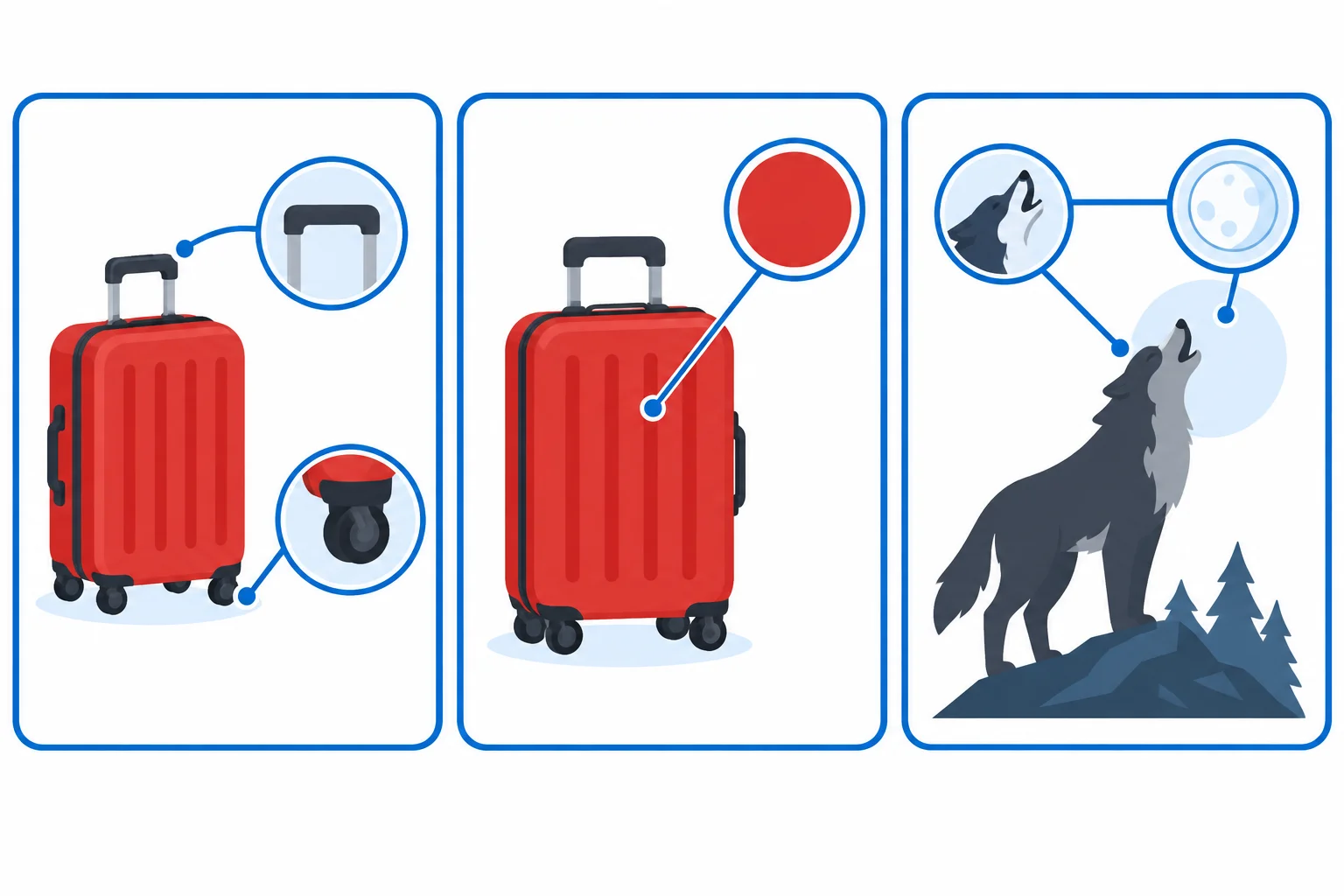 Três cartões visuais com uma mala pequena e vermelha, uma mala vermelha e um lobo de conto de fadas, mostrando diferentes quantidades de detalhe.
