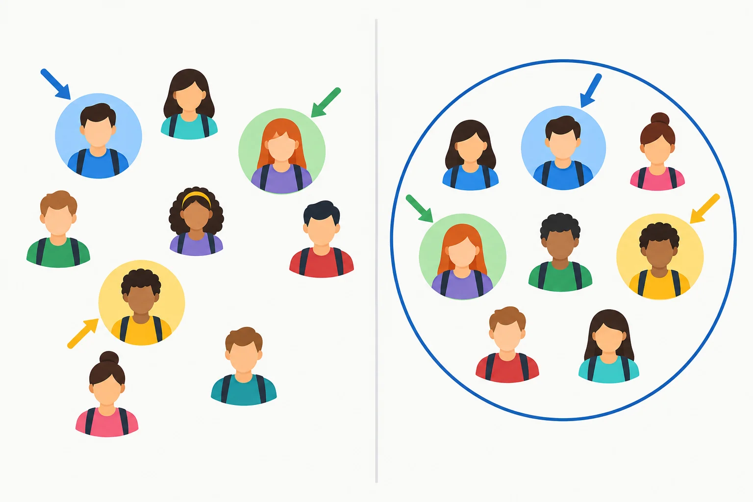 Comparação visual: à esquerda, alguns estudantes destacados sem grupo delimitado; à direita, alguns integrantes destacados dentro de um conjunto delimitado de estudantes.