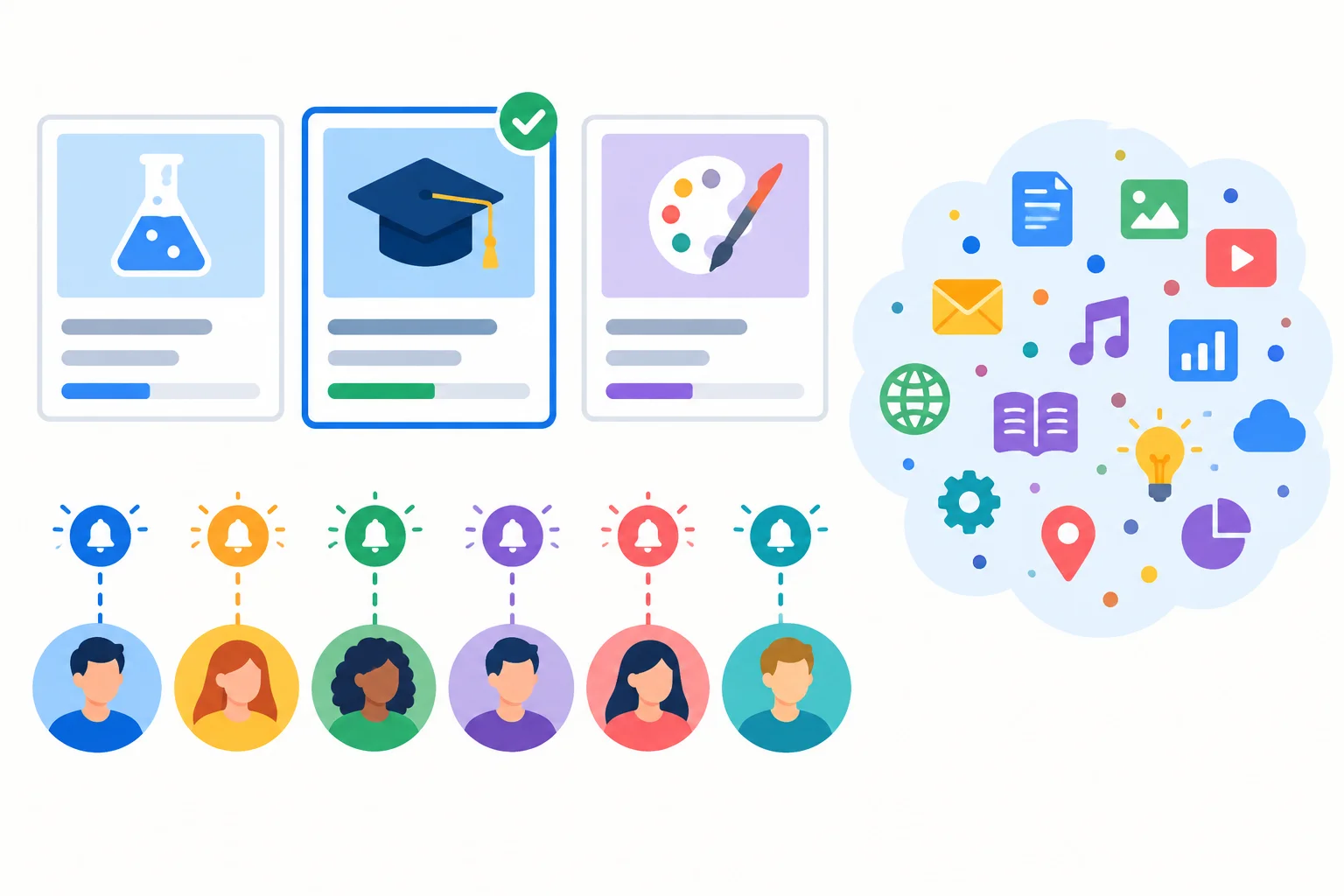 Diagrama com três cursos como conjunto, um curso selecionado, participantes e informações do curso.