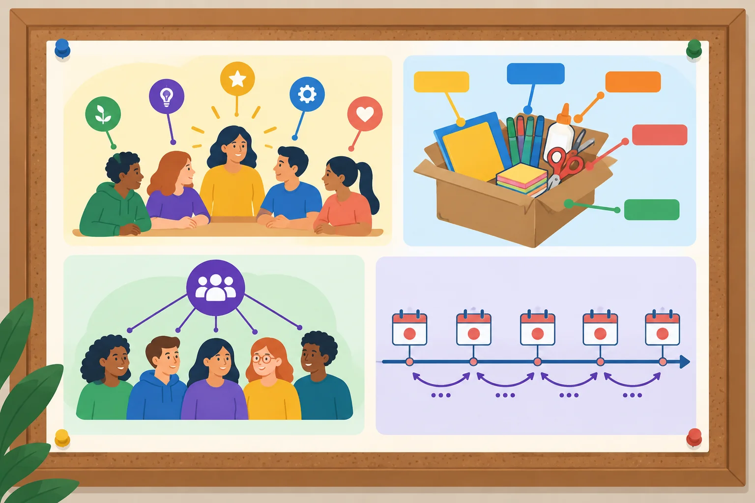 Diagrama de um aviso com participantes, materiais, concordância e uma agenda recorrente destacados por cores.