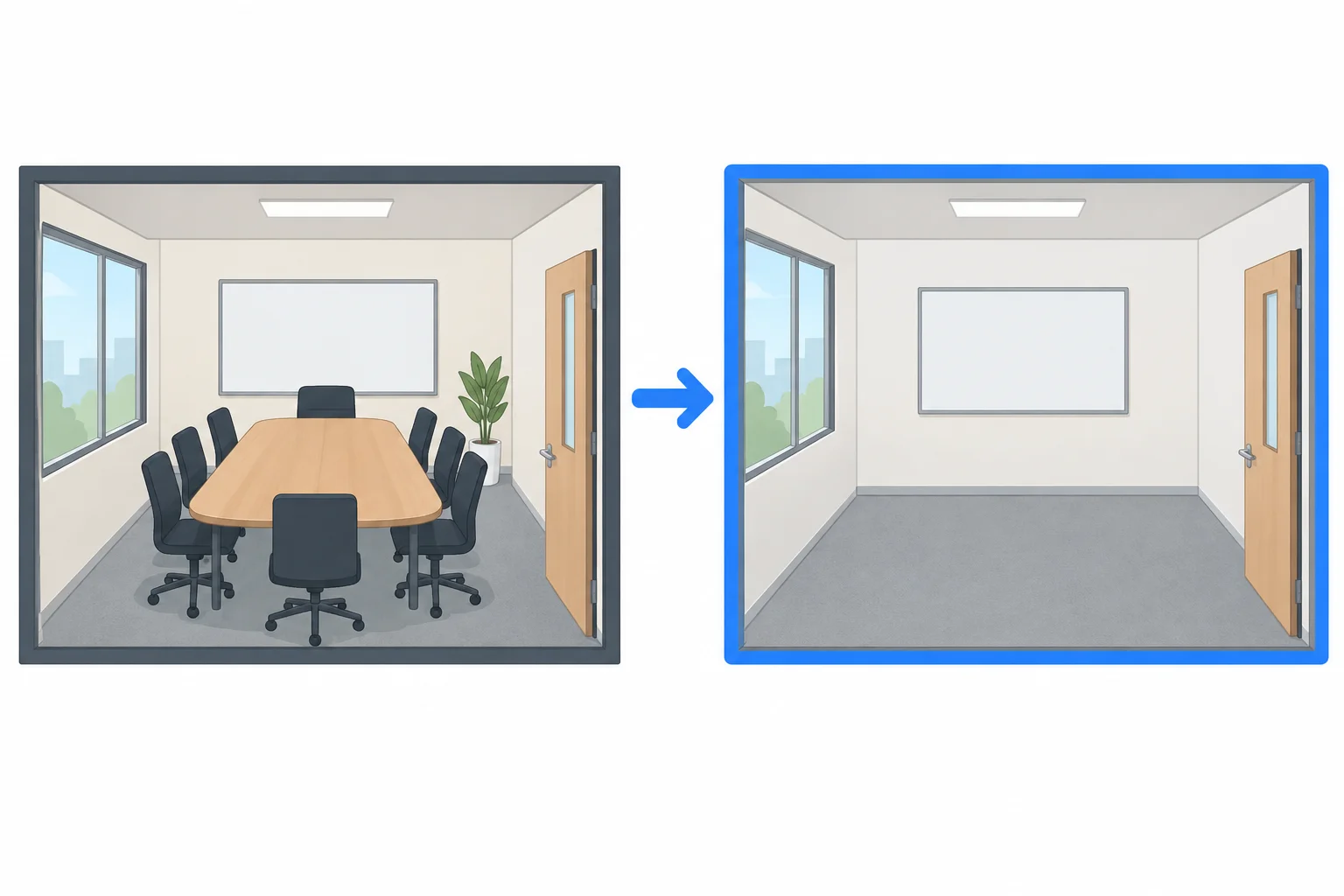 Diagrama de duas salas: uma está ocupada e a outra está destacada como a sala restante do par.
