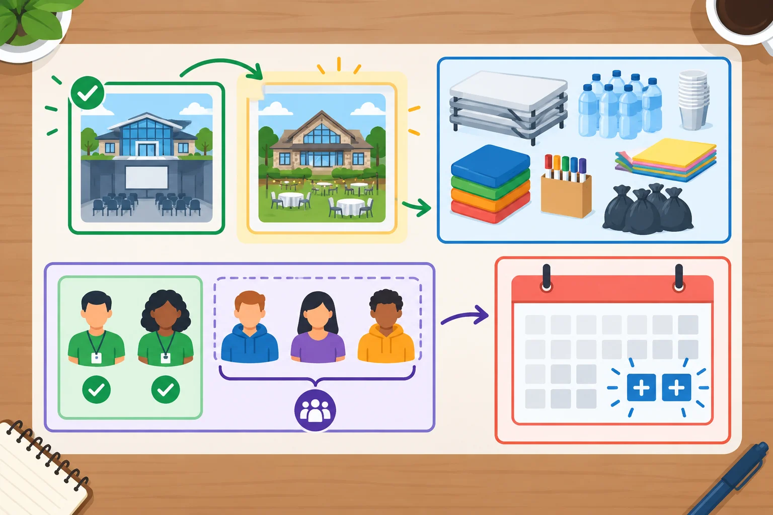 Diagrama de planejamento de encontro com duas salas, materiais, voluntários e dois dias extras, destacando opções e elementos restantes.