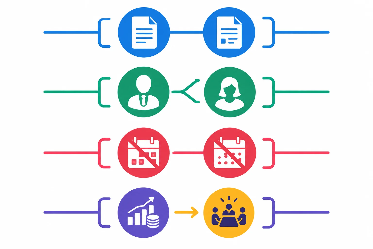 Diagrama com quatro pares de elementos: inclusão, alternativa, exclusão e acréscimo destacado.