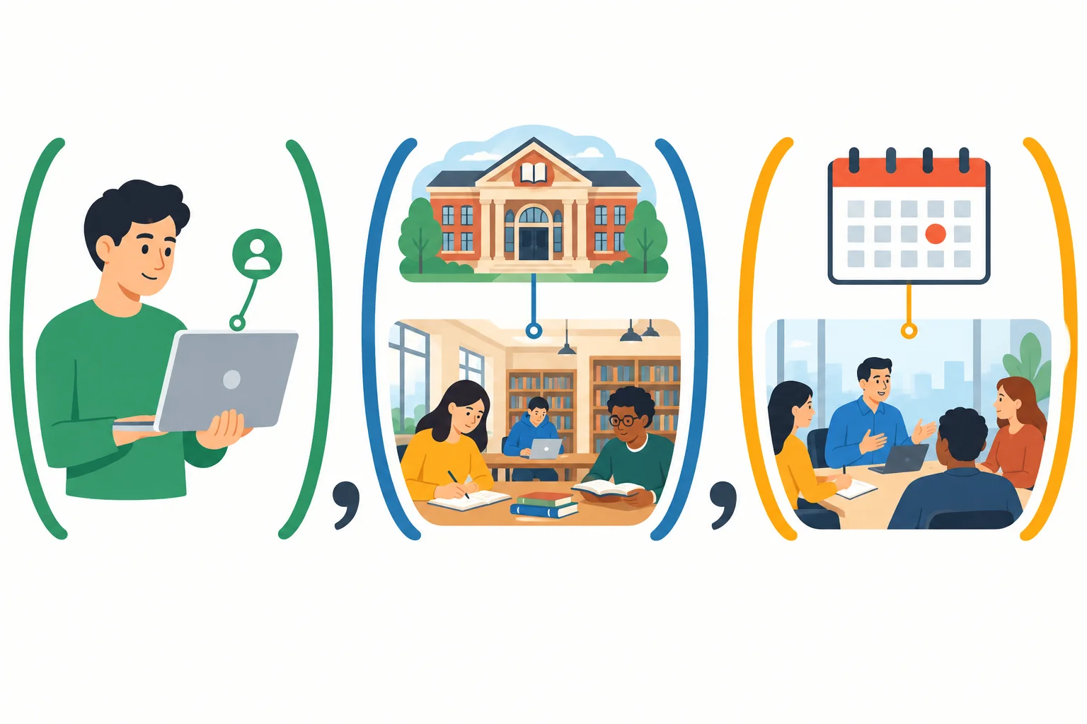 Diagrama com três relações: posse entre uma pessoa e um caderno, ação em uma biblioteca e reunião ligada a um calendário; cada detalhe aparece entre marcas de vírgula.