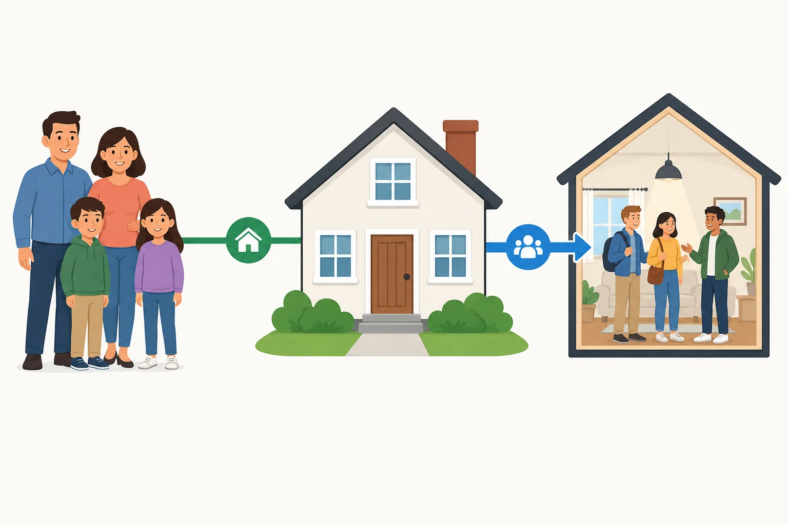Diagrama mostrando uma família ligada a uma casa e visitantes dentro da casa.