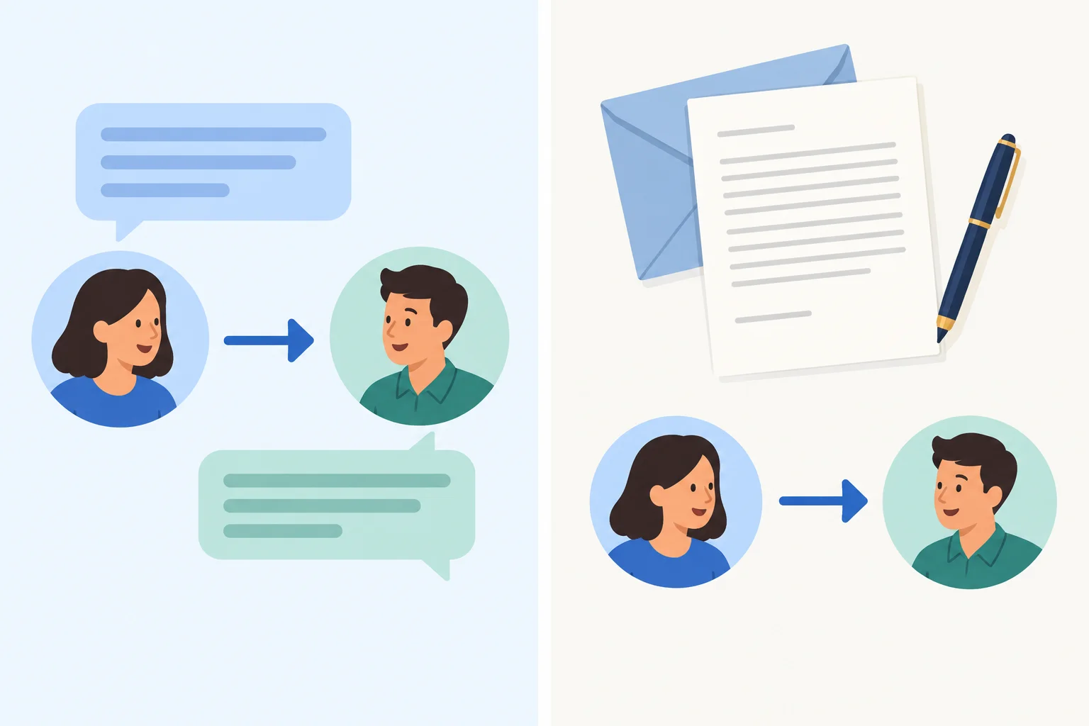 Comparação visual entre uma conversa cotidiana e uma comunicação formal, mostrando a mesma relação entre duas pessoas.