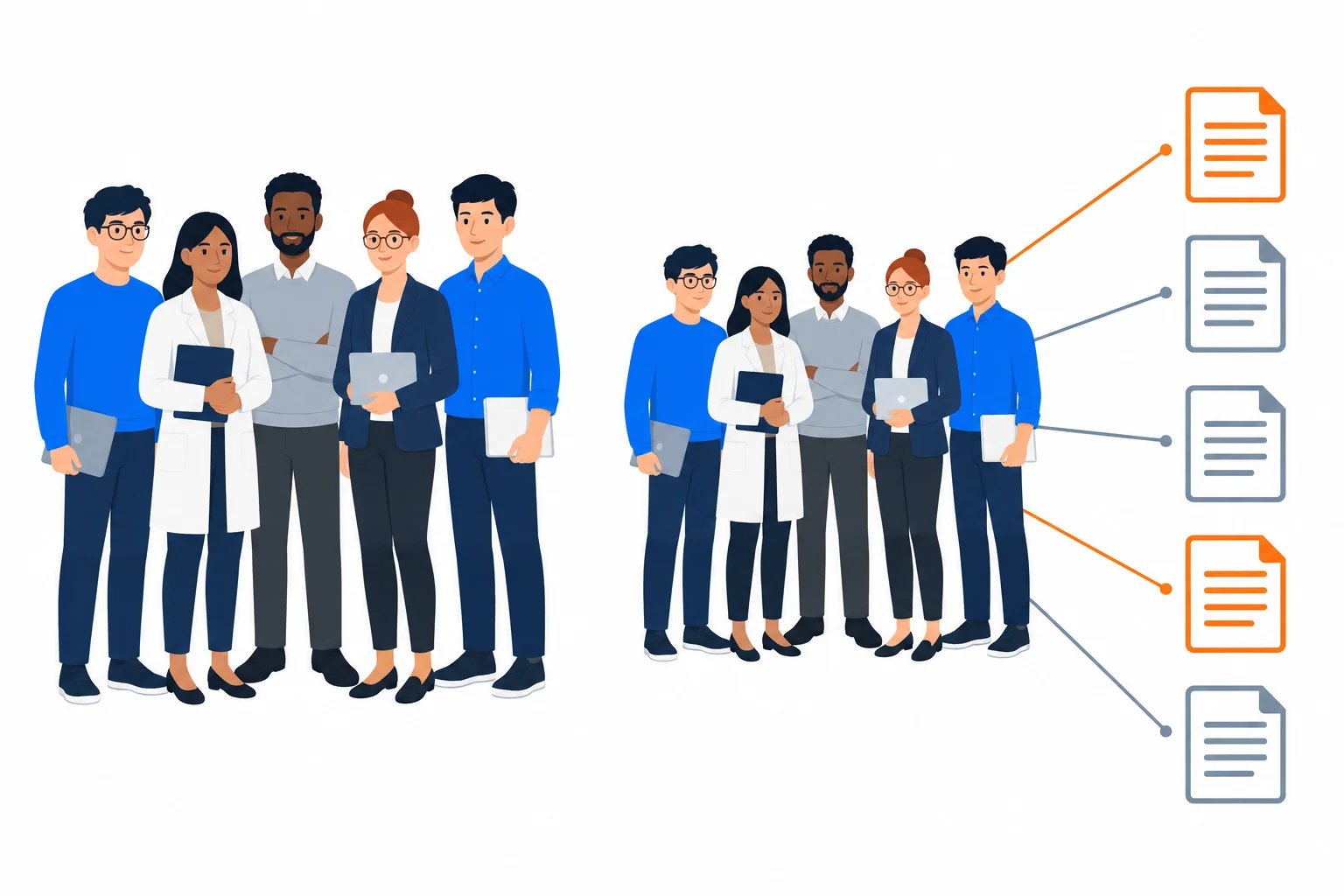 Diagrama comparando dois integrantes destacados de uma equipe com dois relatórios associados à mesma equipe.
