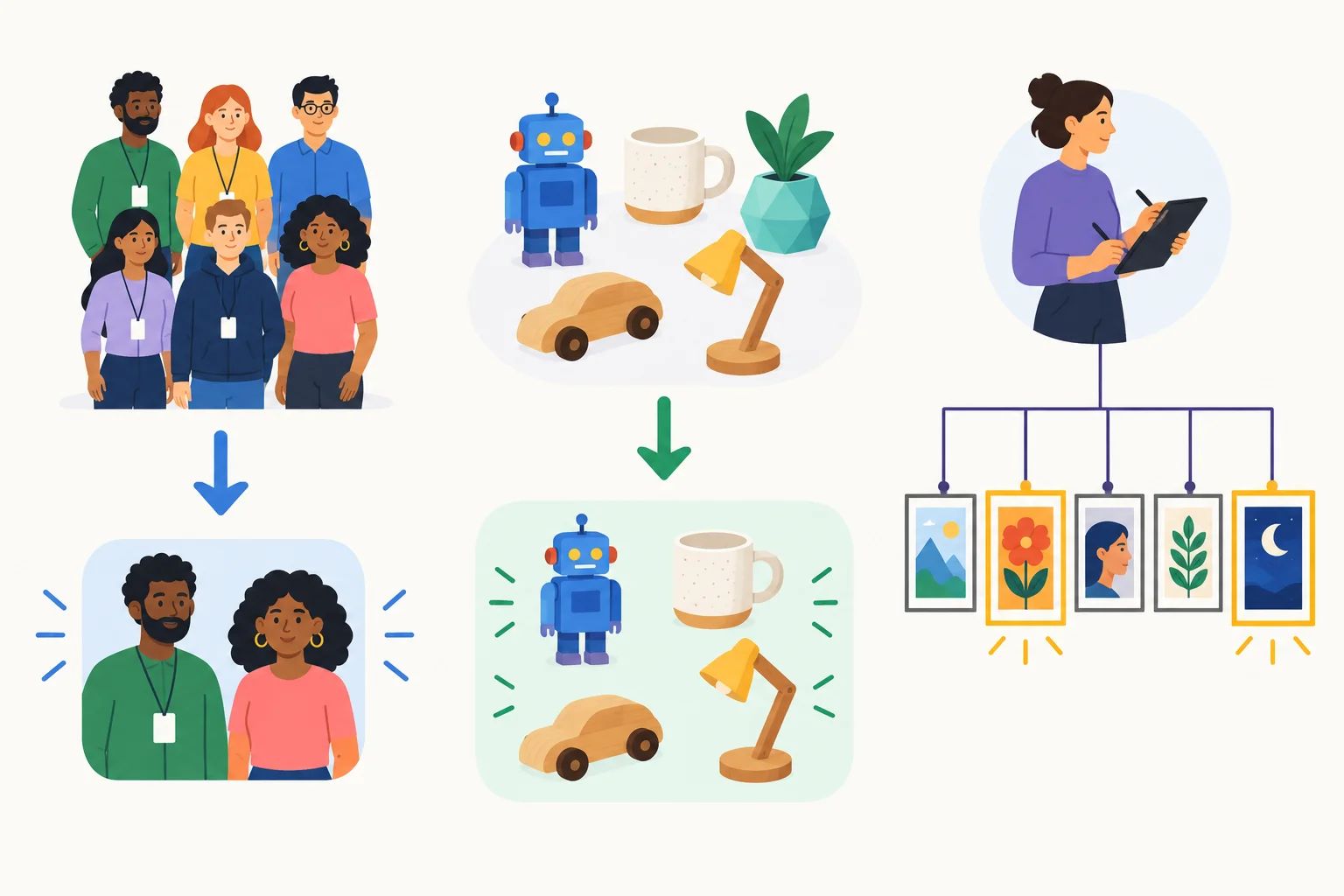 Diagrama com três casos: pessoas destacadas em um grupo, objetos destacados em uma coleção e cartazes associados a uma ilustradora.