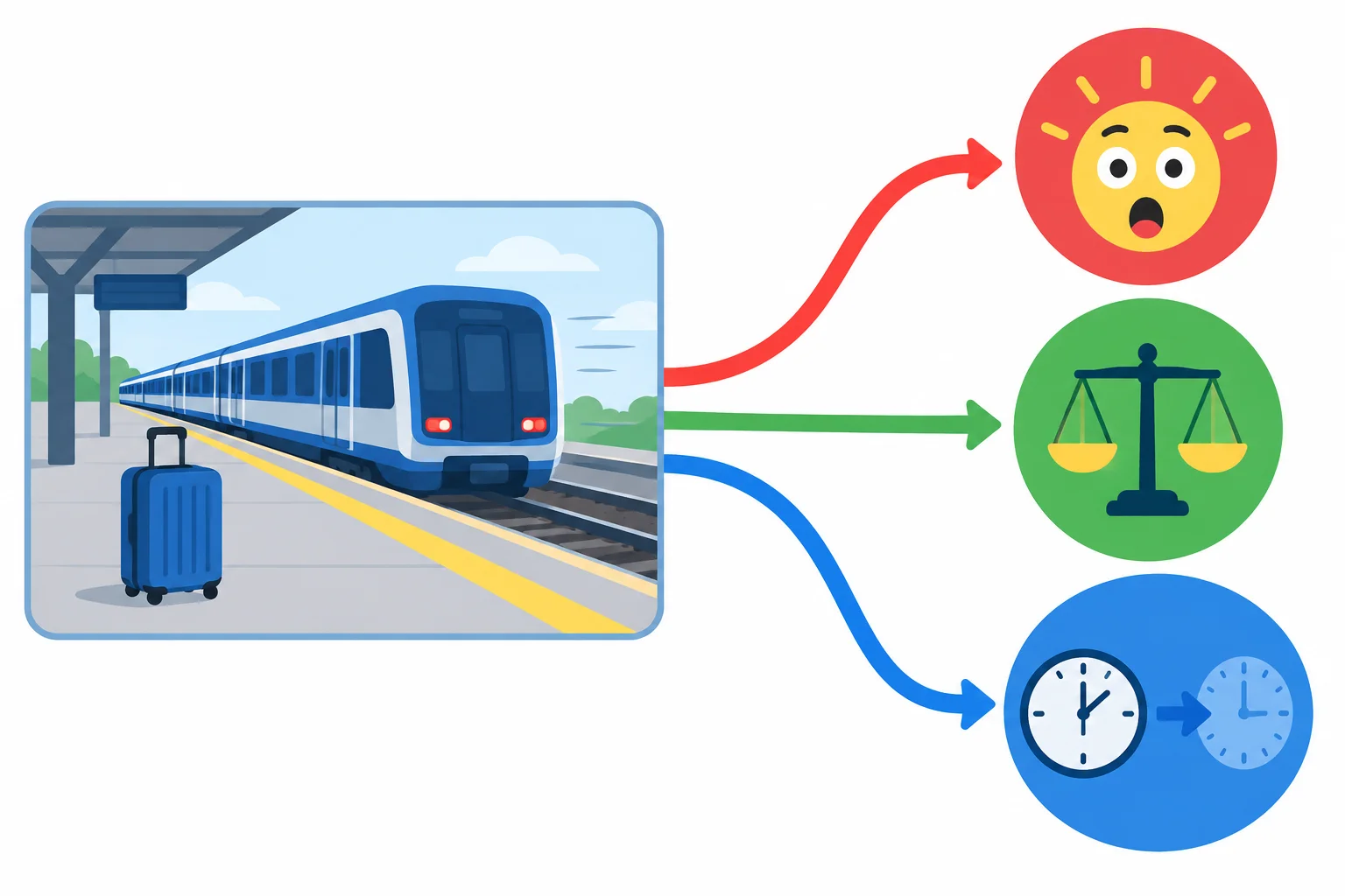 Diagrama em que uma situação inteira — um trem partindo enquanto uma mala fica na plataforma — leva a três tipos de comentário: reação, avaliação e efeito.
