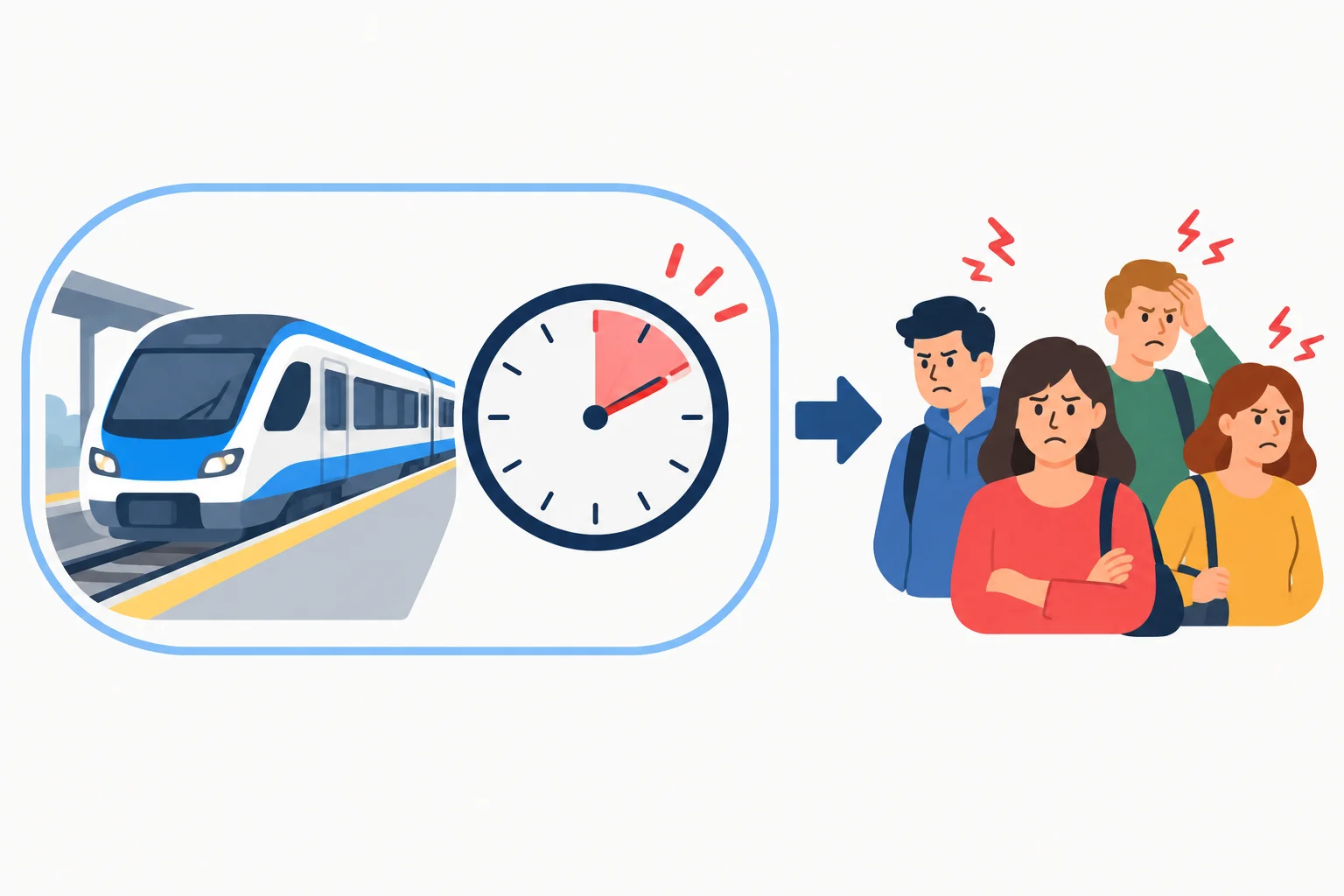 Um trem e um relógio de atraso aparecem agrupados como uma situação inteira, com uma seta apontando para passageiros frustrados.
