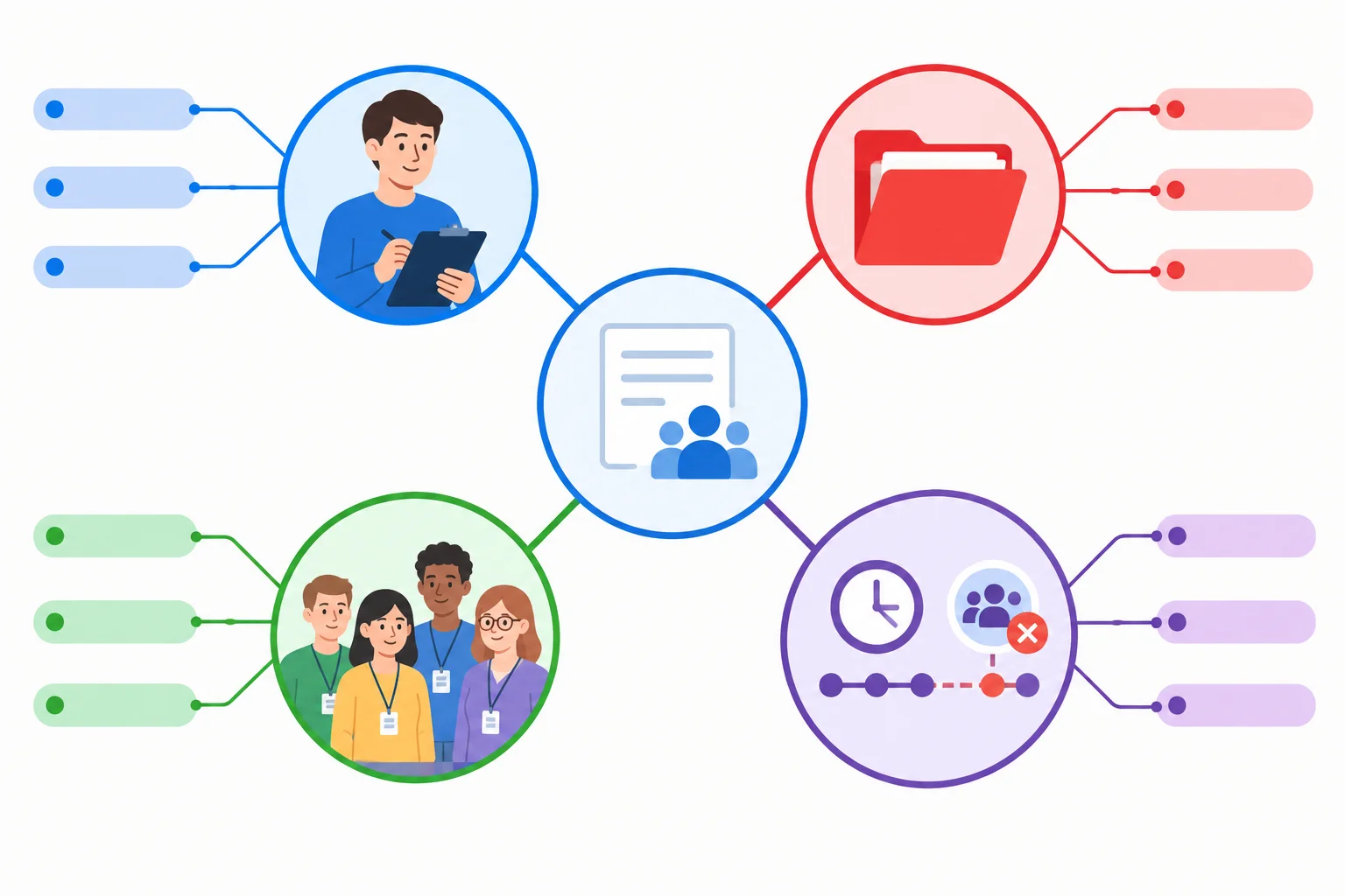 Diagrama com quatro nós conectados: uma pessoa, uma pasta vermelha, um grupo de estagiários e uma situação de atraso.