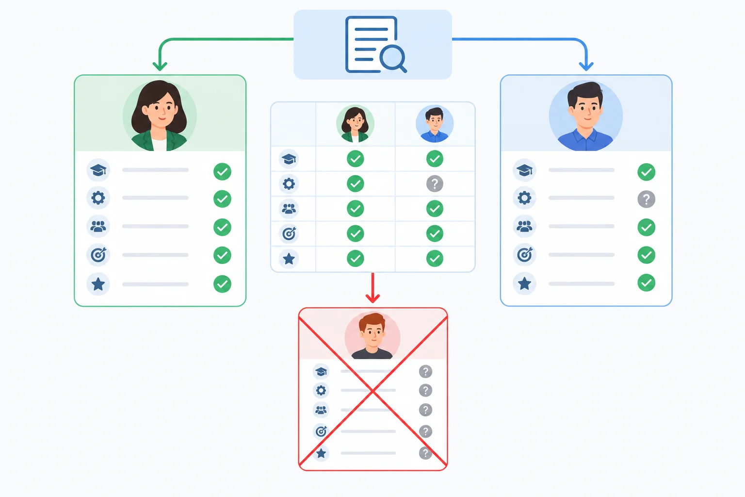Diagrama com dois candidatos ainda possíveis por terem um critério sem informação e um terceiro candidato eliminado por contradição.