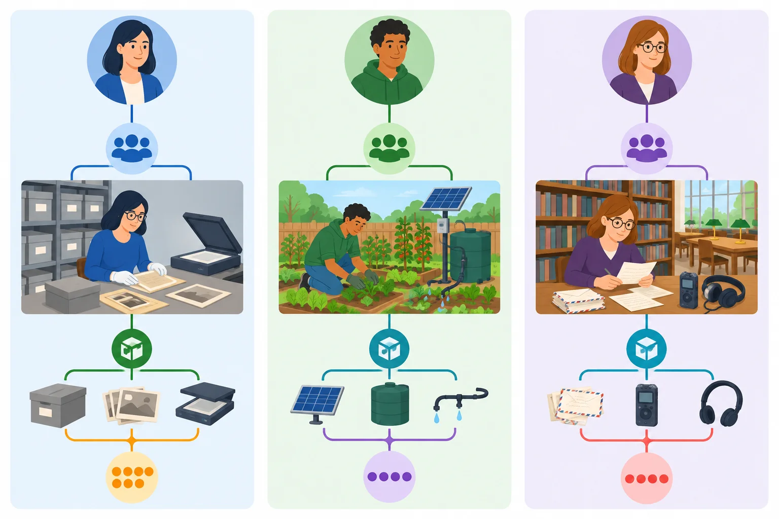 Diagrama de três perfis conectados aos respectivos grupos, objetos e quantidades.