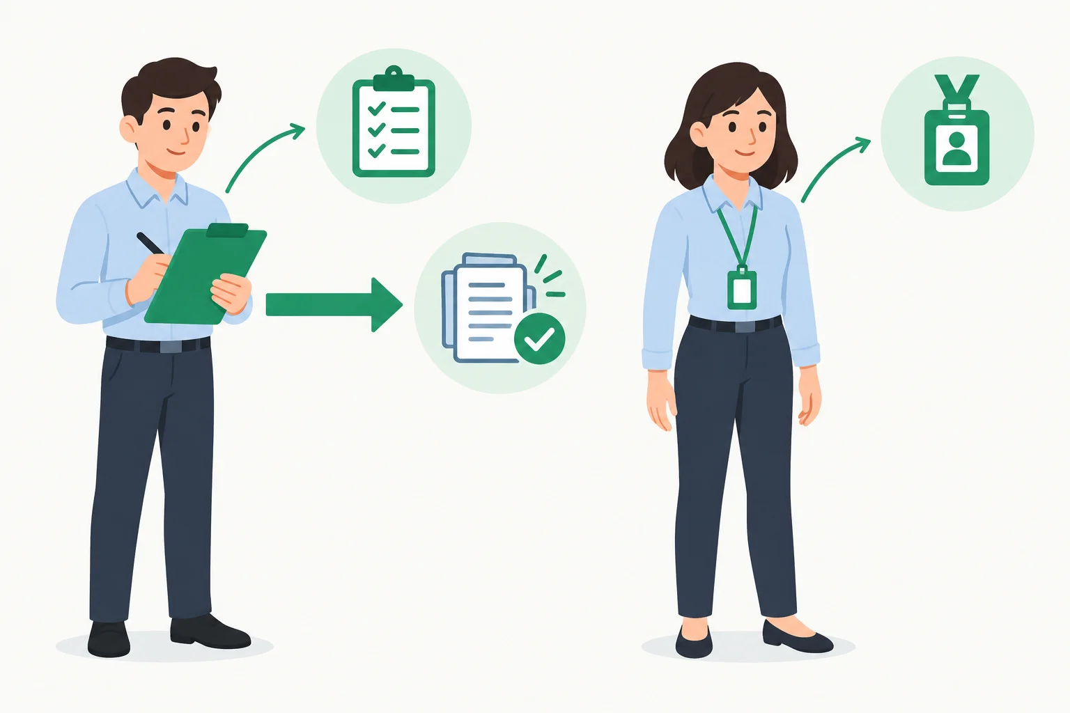 Diagrama com dois técnicos semelhantes: um com prancheta verde e outro com crachá verde. A ação principal parte do técnico com a prancheta.