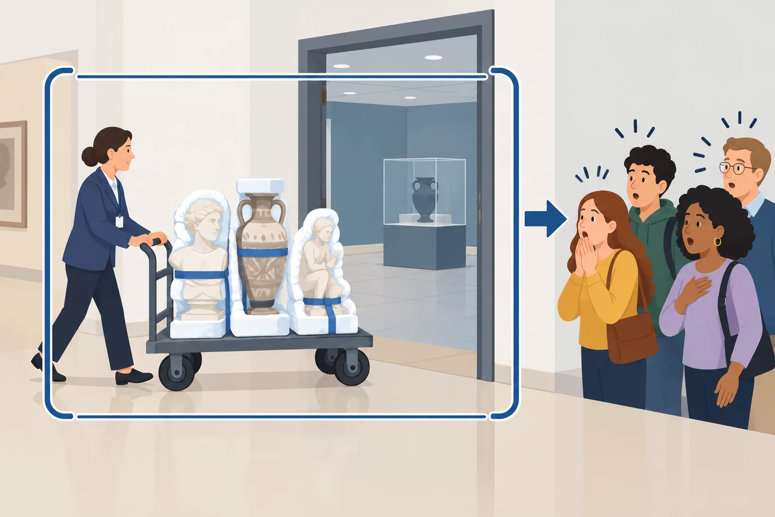 Diagrama em que a ação de mover esculturas para outra sala aponta para a reação surpresa dos visitantes.