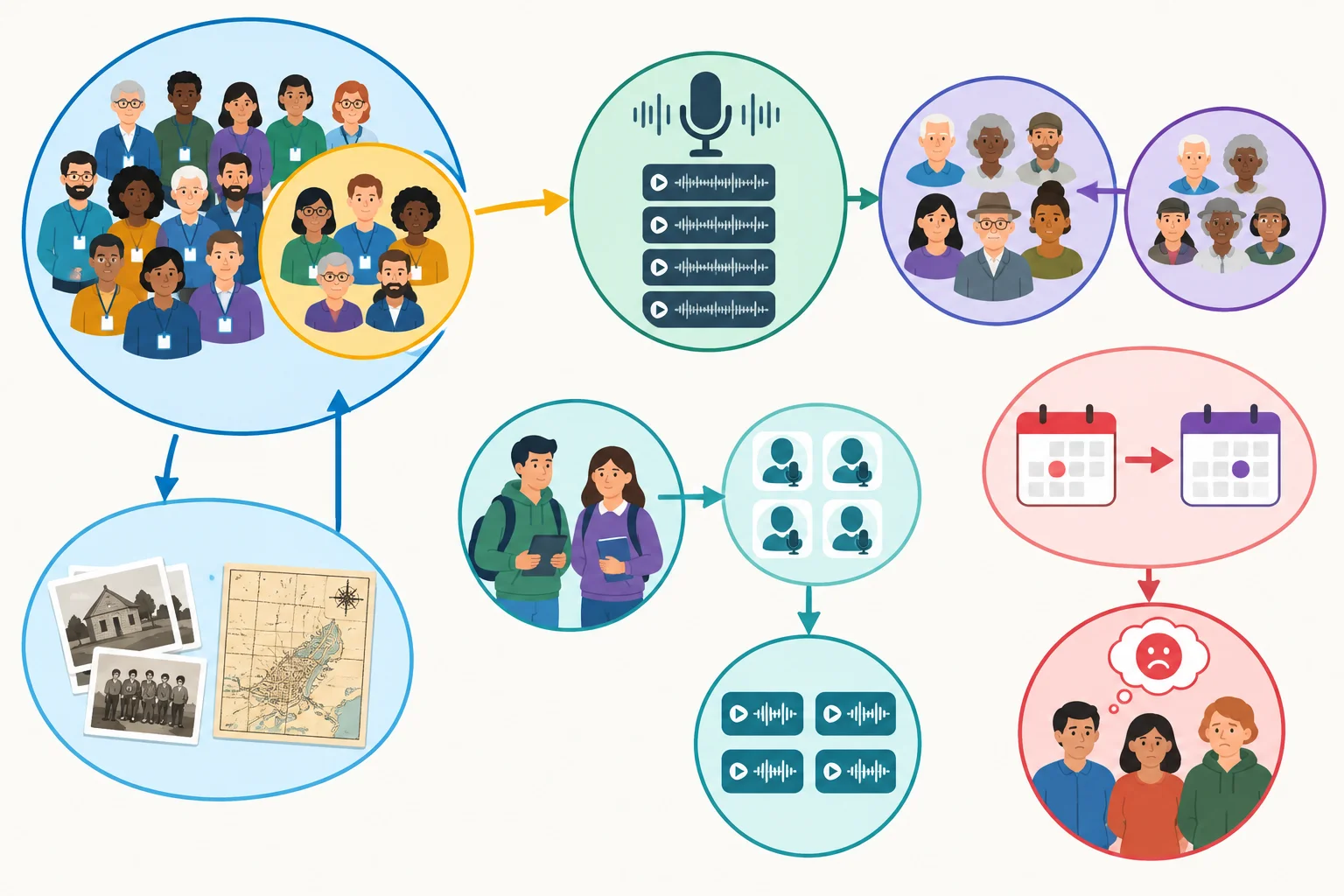 Diagrama de grupos, subconjuntos e do adiamento da apresentação como um acontecimento separado.