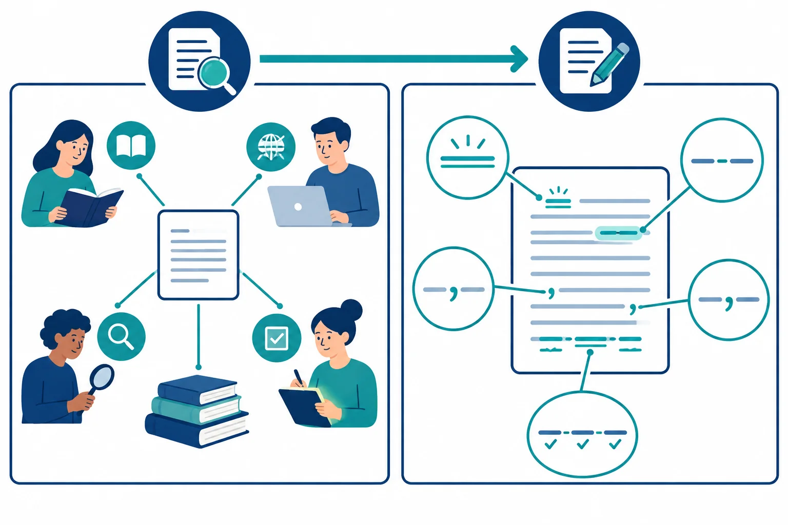 Diagrama em duas etapas: primeiro, identificar pessoas e objetos relacionados; depois, revisar verbo, hífen, vírgulas e estruturas paralelas.