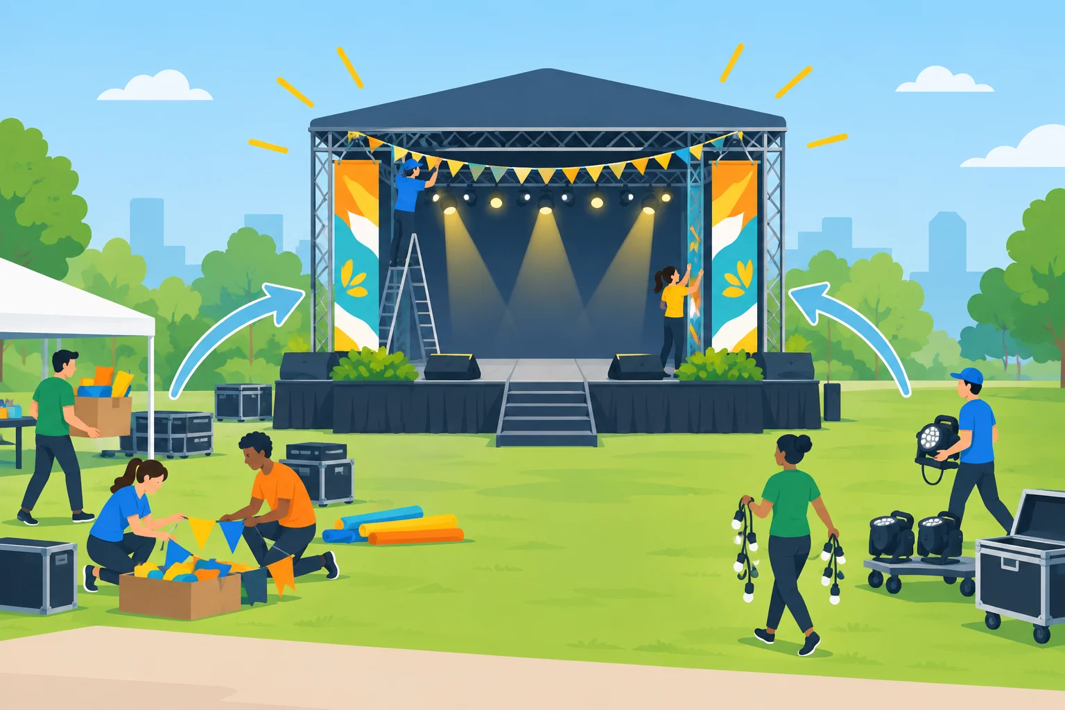 Diagrama de preparação de um palco: voluntários decoram o palco, que aparece destacado como elemento que recebe a ação.