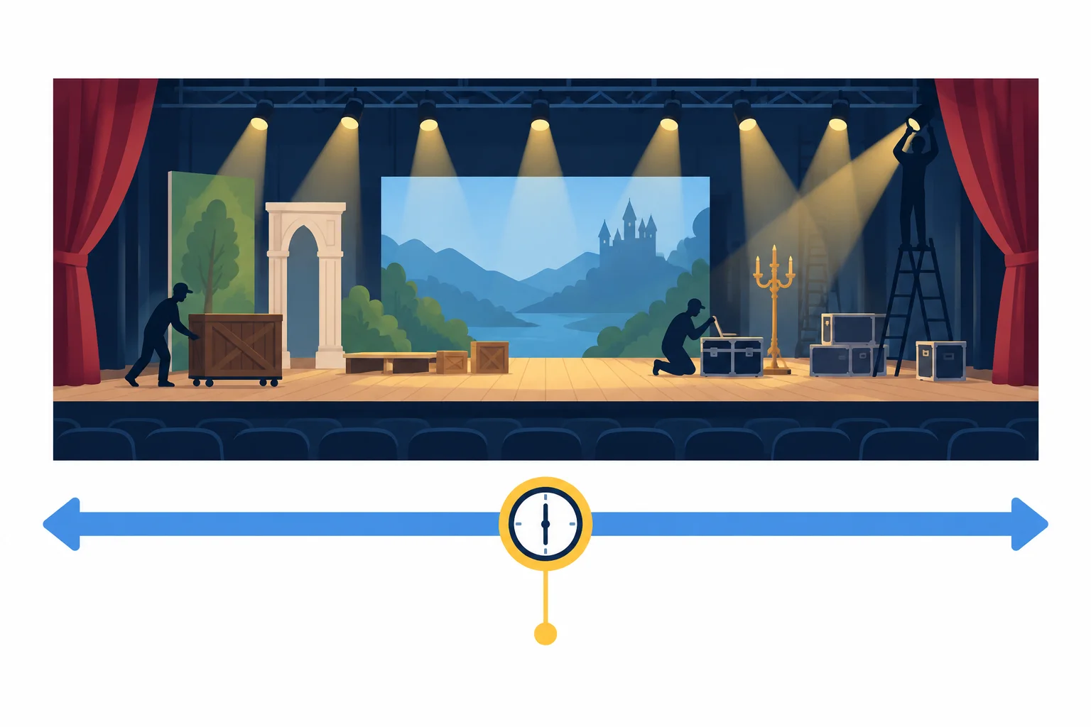 Linha do tempo com um ponto de observação às seis da tarde no meio de uma preparação de palco ainda em curso.