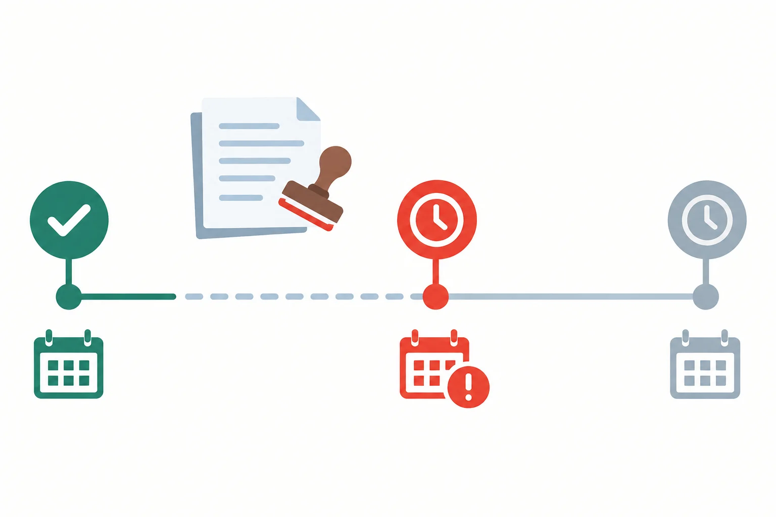 Linha do tempo com um documento aguardando aprovação antes de um prazo passado.