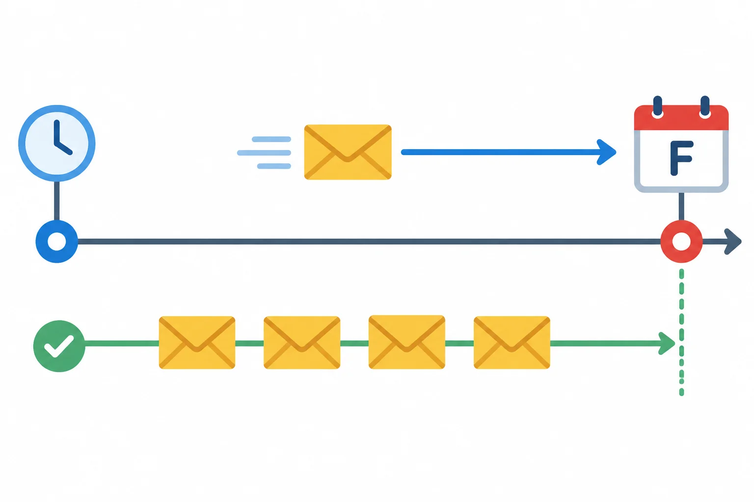 Linha do tempo com um envelope chegando a uma sexta-feira futura e, em outra faixa, vários envelopes já reunidos antes de um marco futuro.