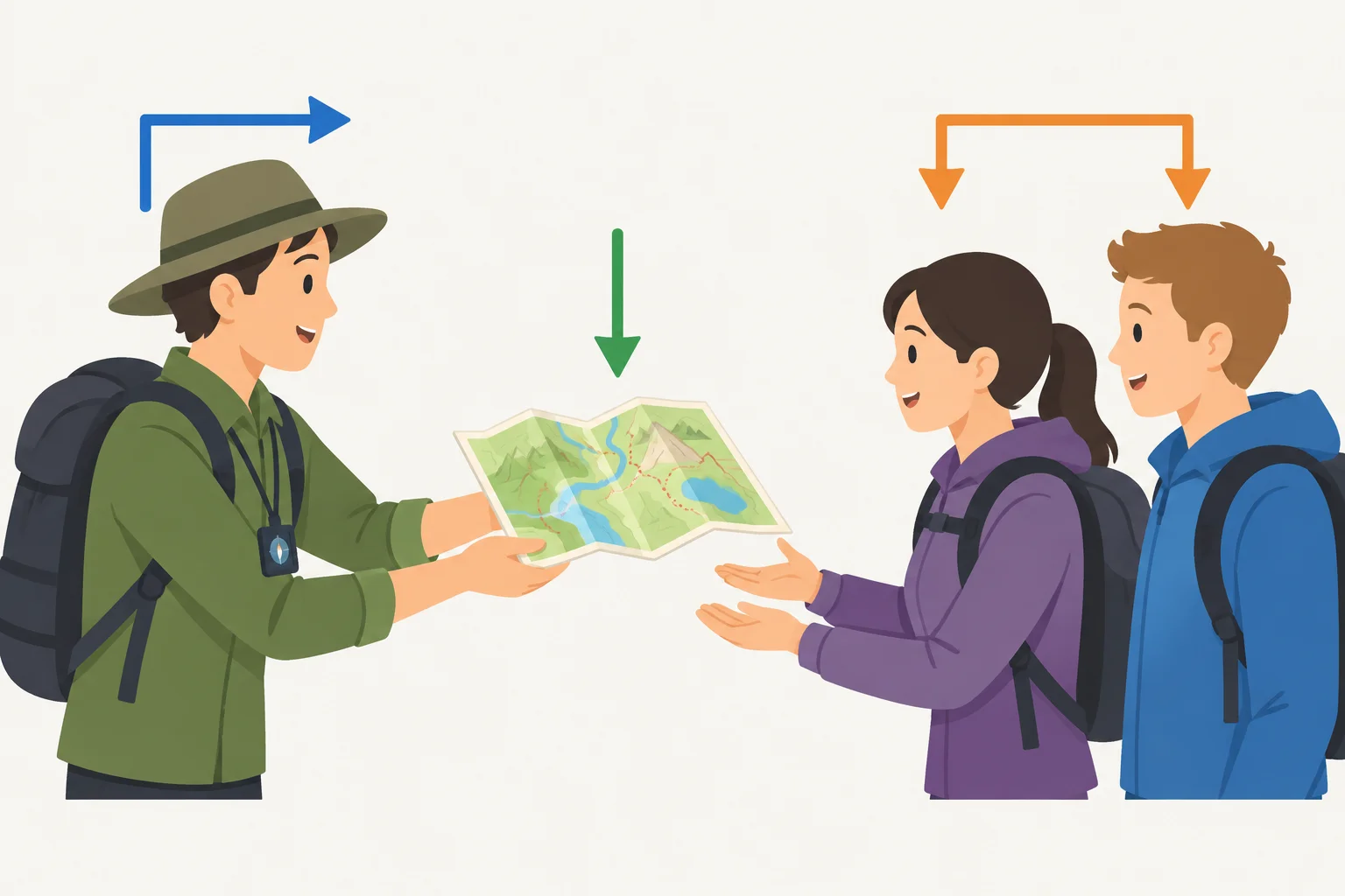 Diagrama mostrando uma pessoa apresentando um mapa a duas pessoas, com setas que distinguem agente, destinatários e conteúdo.