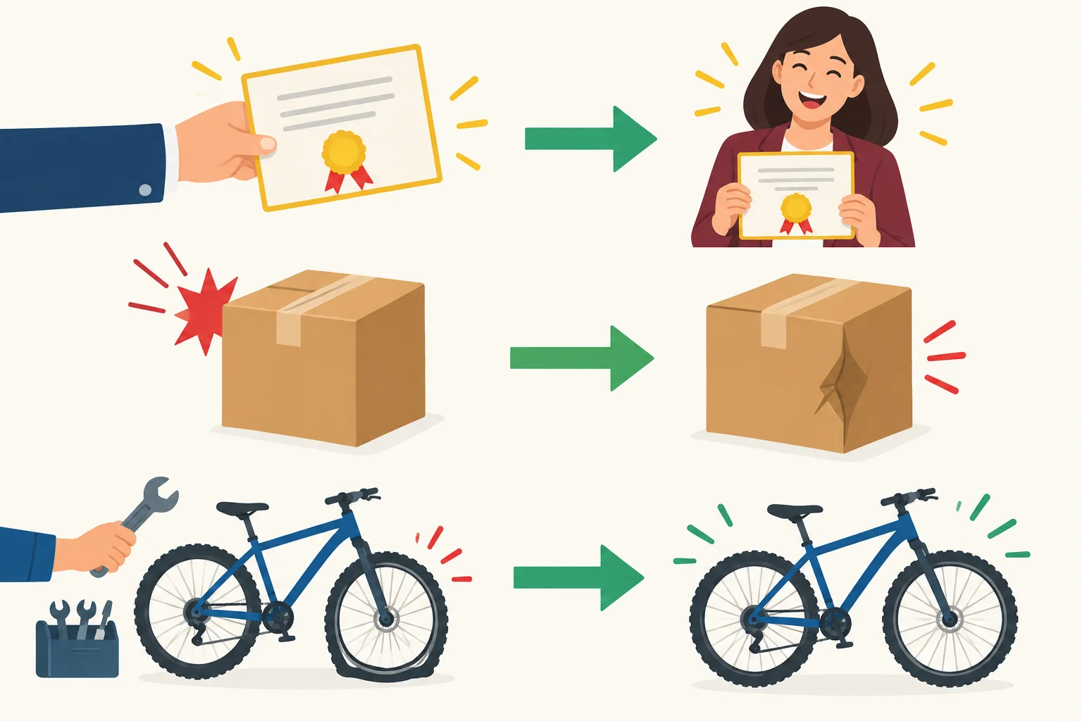 Diagrama com uma pessoa promovida, um pacote danificado e uma bicicleta reparada; setas indicam que os acontecimentos afetam esses sujeitos.