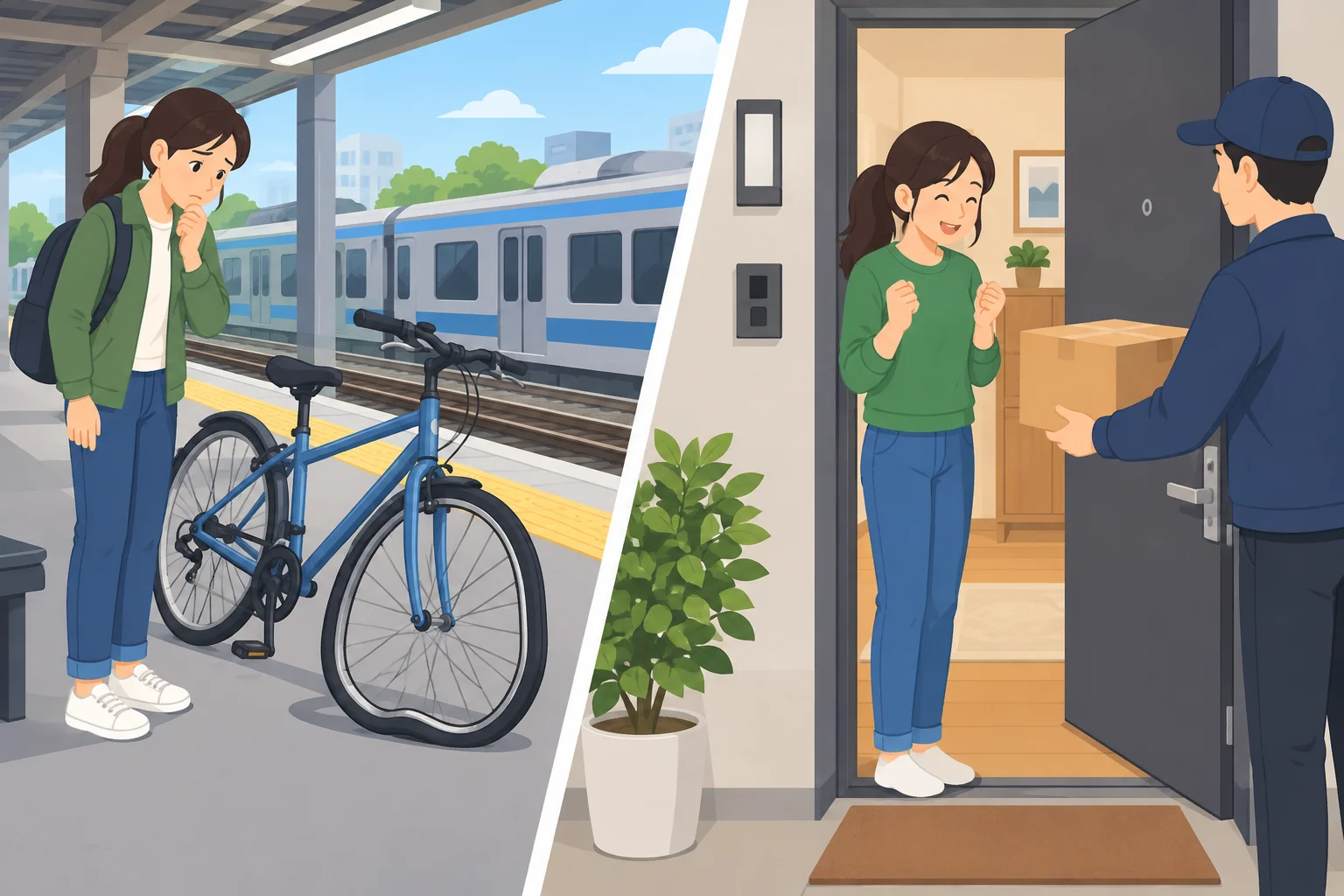 Comparação visual entre uma bicicleta danificada perto de uma plataforma e uma encomenda entregue em uma porta.