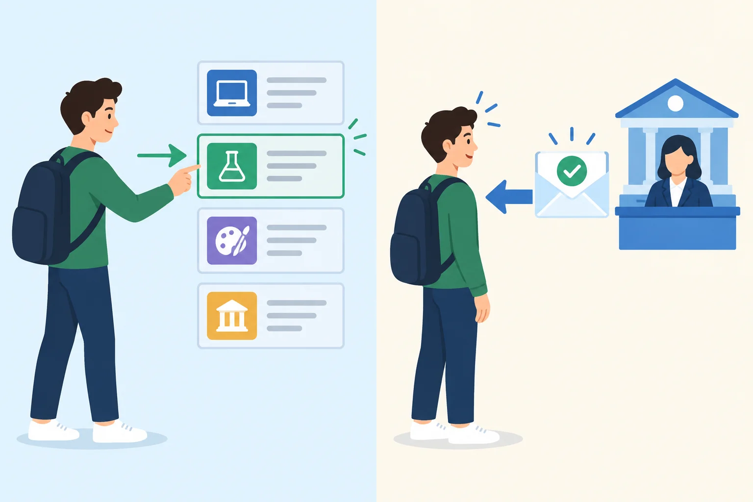Comparação visual: à esquerda, uma estudante escolhe um curso; à direita, ela recebe uma notificação de seleção.