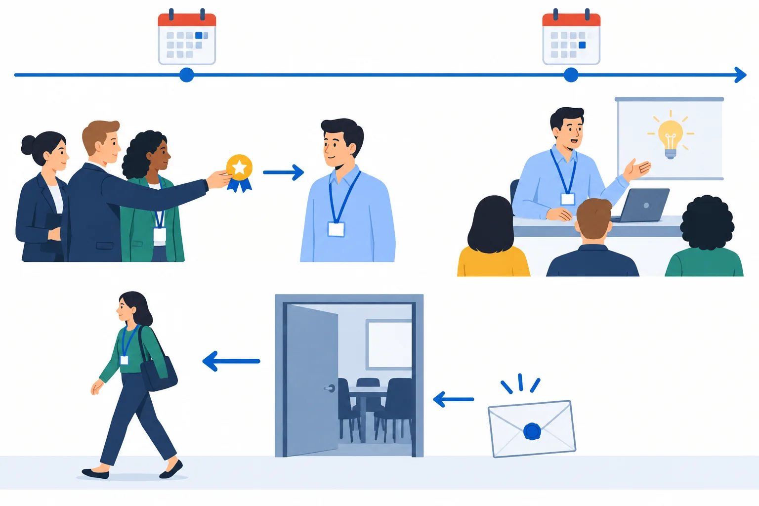 Linha do tempo mostrando organizadores selecionando Ana antes de ela falar e Leo saindo sem receber um convite.