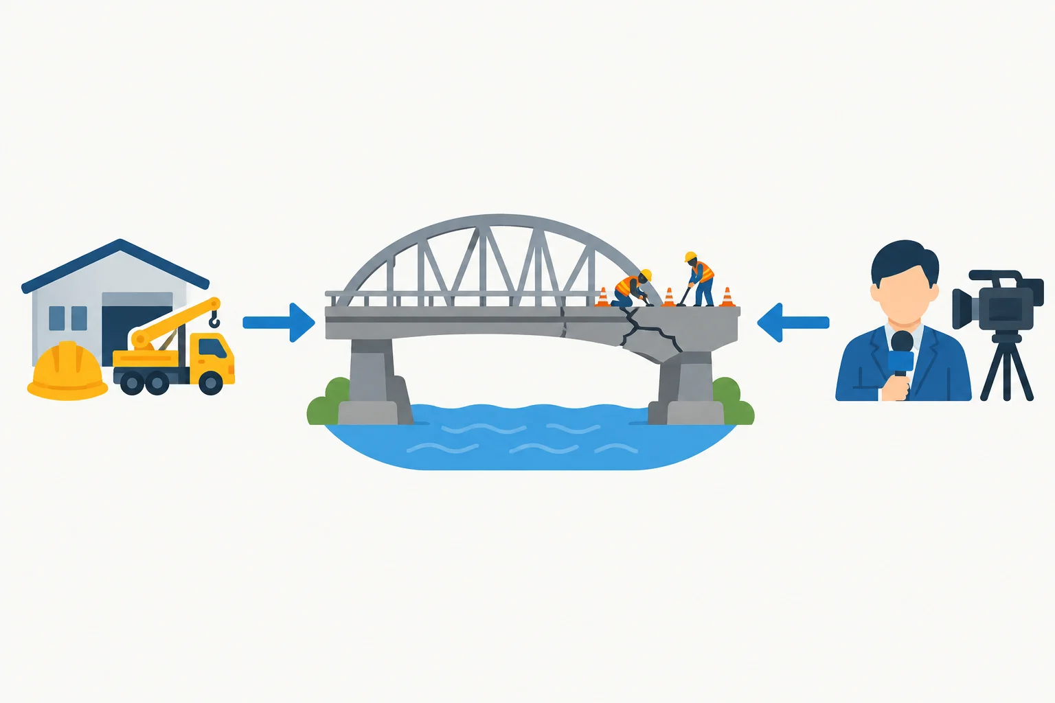 Diagrama com uma ponte recebendo reparos de uma empresa e uma fonte de notícia atribuindo a informação.