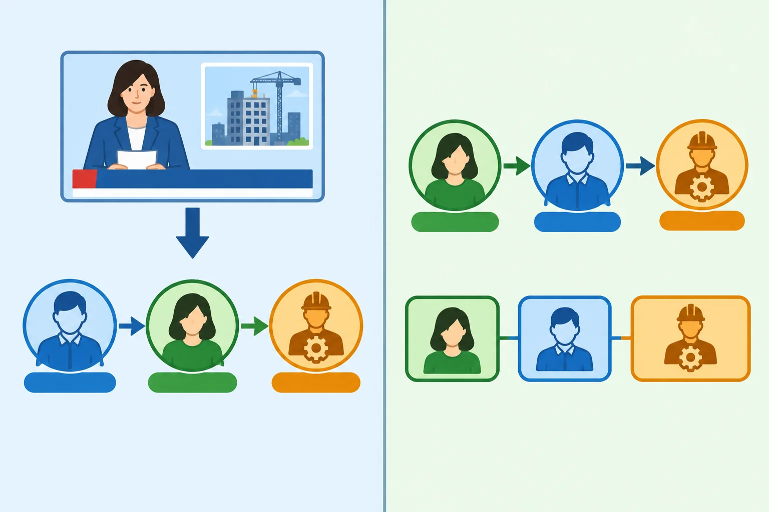 Diagrama comparando uma oração completa e uma construção compacta, com Maya ligada à ação de liderar o projeto em ambas.