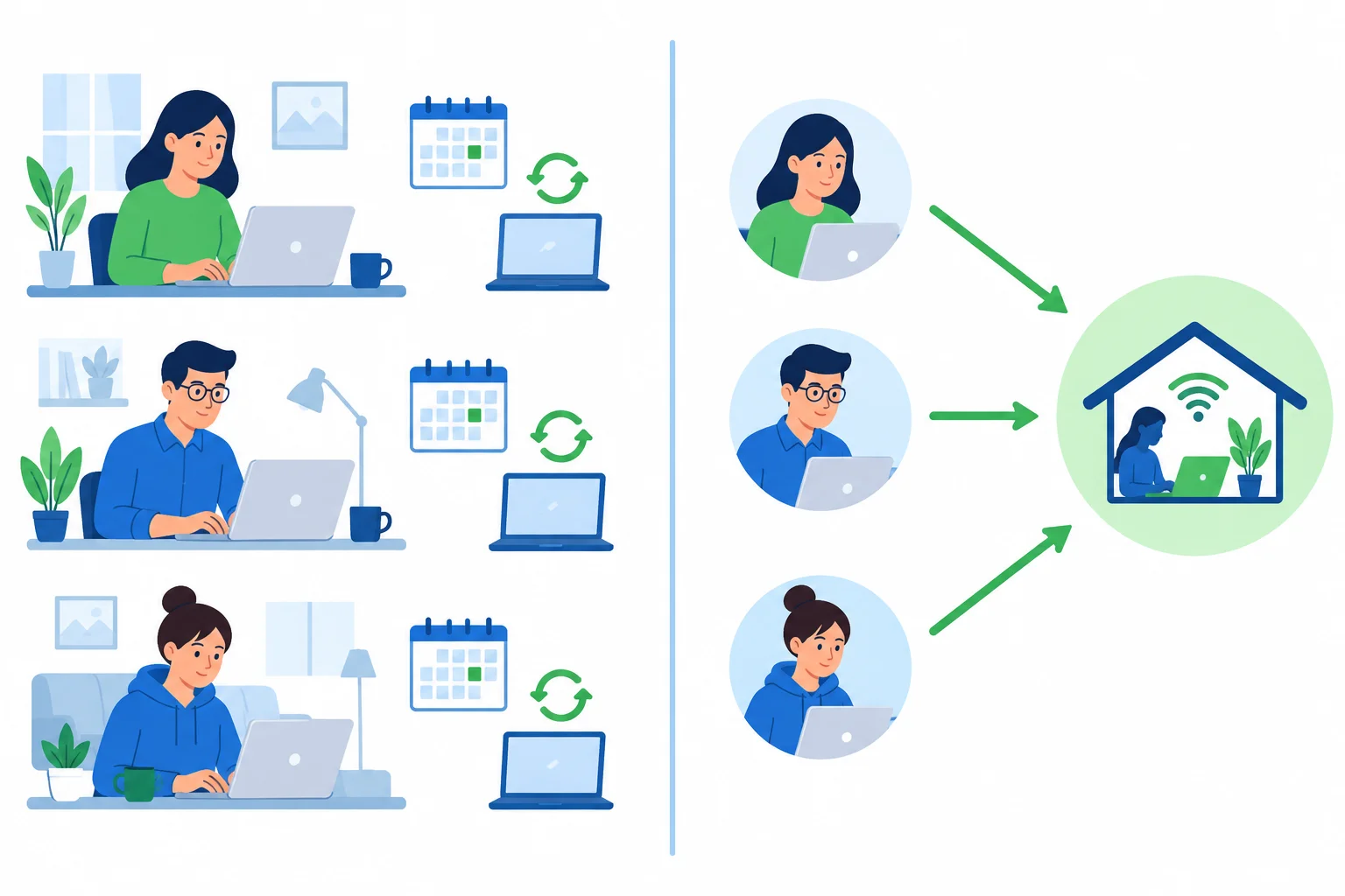 Diagrama visual mostrando funcionários como referentes da ação de trabalhar remotamente.