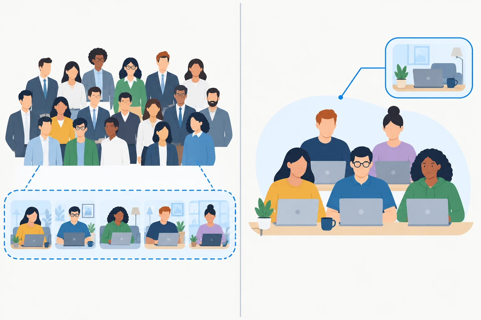 Diagrama comparando um subconjunto de trabalhadores selecionado por uma característica com uma equipe inteira que recebe uma informação adicional.