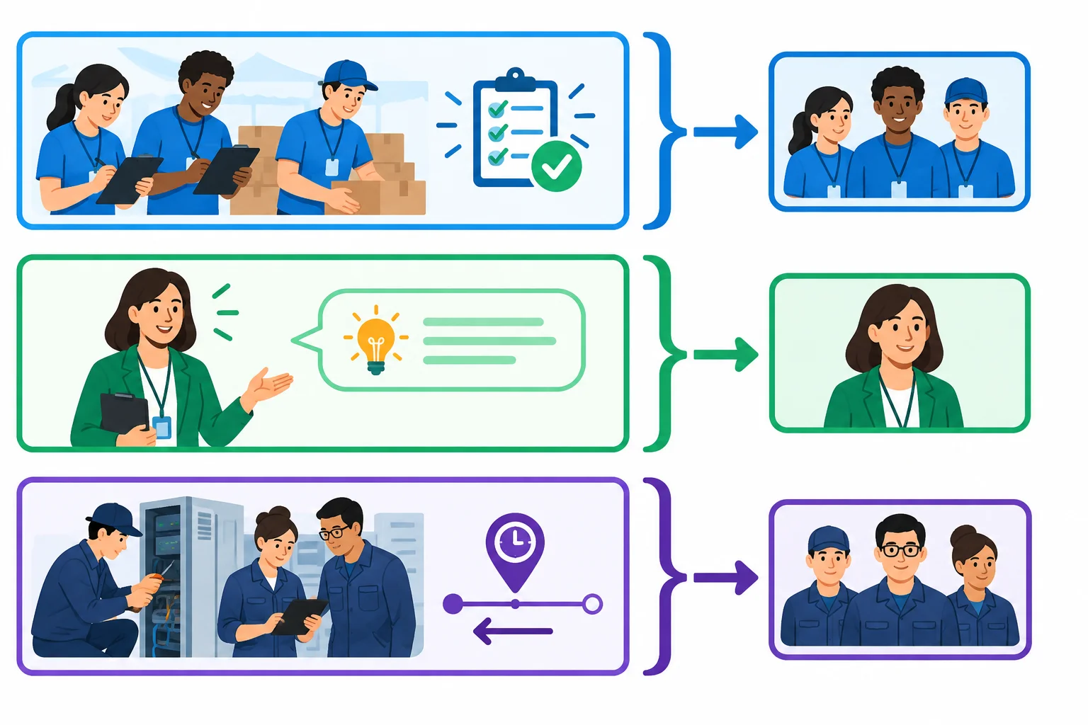 Diagrama com três grupos nominais ligados às suas ações: voluntários verificando uma lista, uma organizadora com uma informação adicional e técnicos ligados a uma ação marcada no passado.