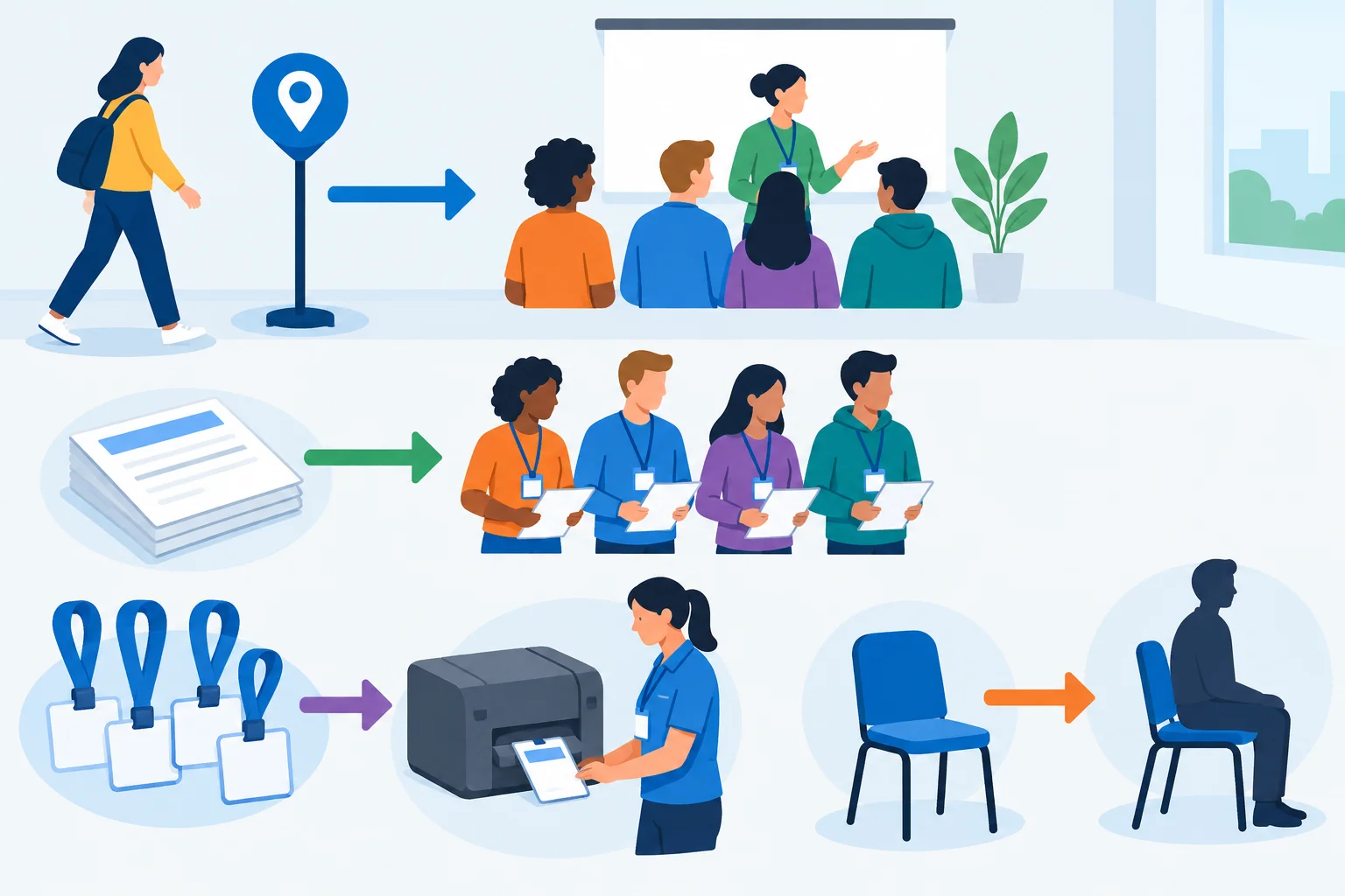 Diagrama de uma oficina com participantes, folhas de atividade, crachás, uma impressora e uma cadeira; setas mostram as relações entre cada item e a ação.