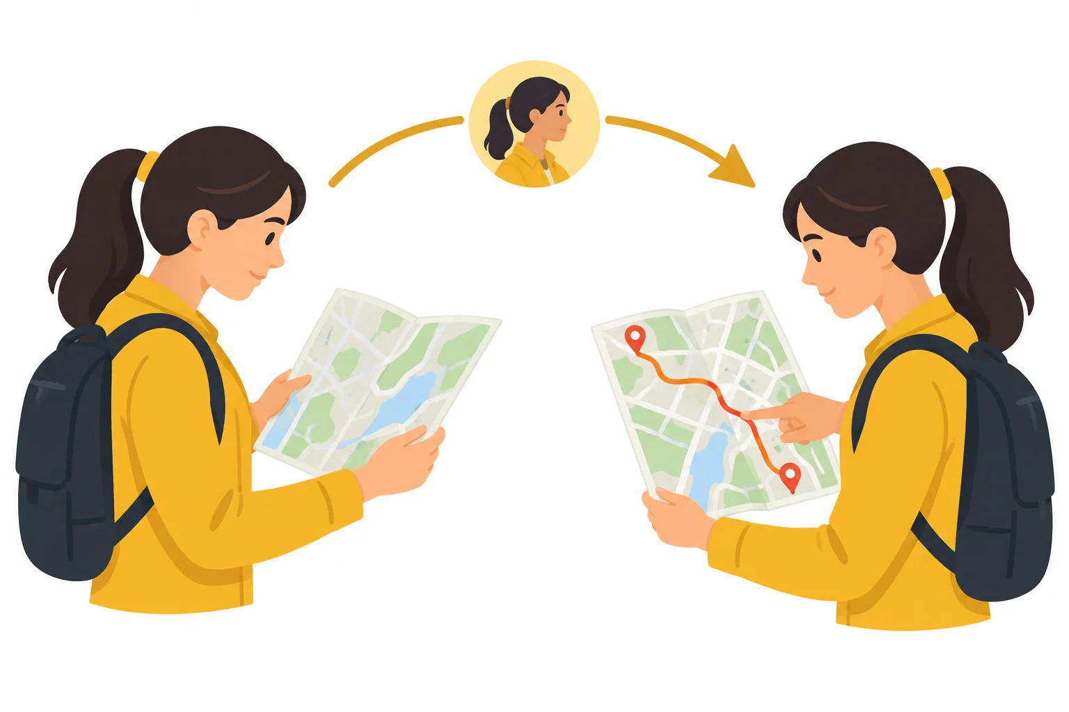 Diagrama com a mesma pessoa olhando um mapa e encontrando uma rota, ligada visualmente às duas ações.
