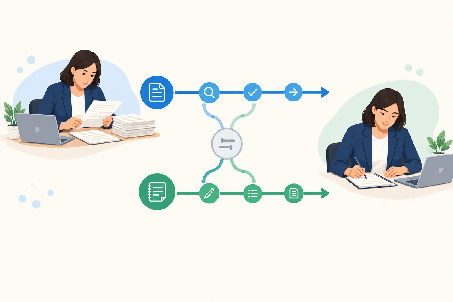 Diagrama mostrando a mesma pessoa revisando documentos e fazendo anotações ao mesmo tempo.