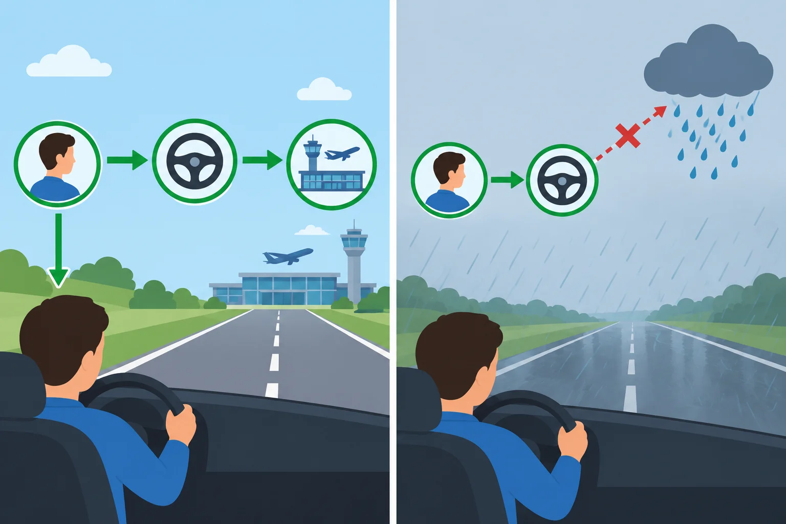 Diagrama comparando uma pessoa que dirige com uma chuva que recebe indevidamente a ação de dirigir.