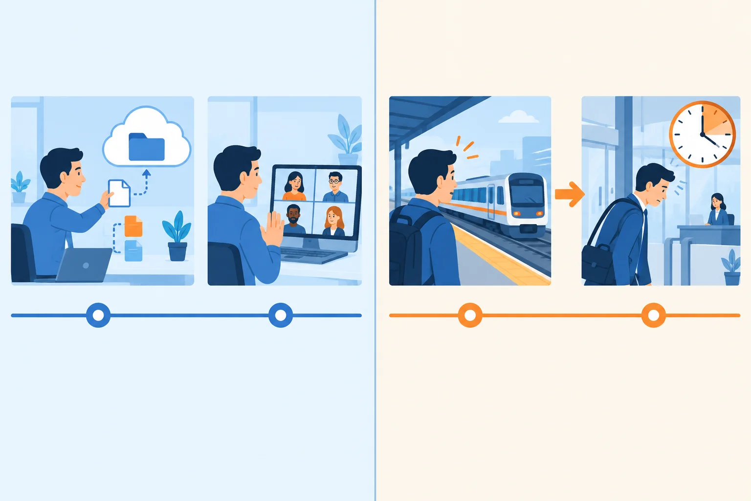 Comparação visual: à esquerda, enviar arquivos e entrar em uma chamada aparecem apenas em sequência; à direita, perder um trem leva a chegar atrasada.
